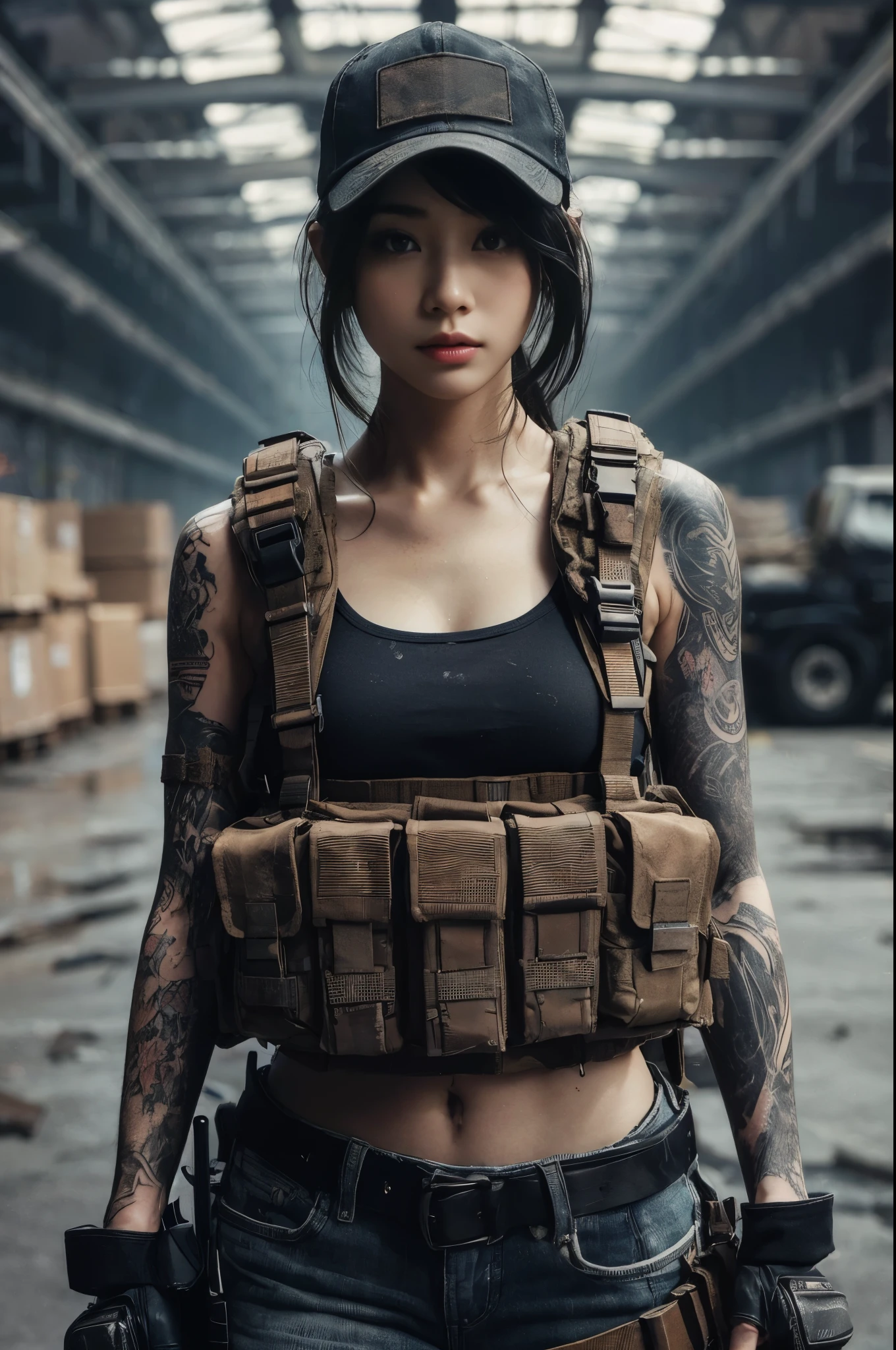 8K,realistic photo、realistic skin texture、A beautiful Japanese woman in the American military is in an old warehouse that is no longer in use.、There is a hole in the roof and light shines in.、Dust is flying、A large wooden box placed casually is partially broken.、bulletproof vest、Holding an automatic rifle、with caution、Backpack、wearing a baseball cap、It is dirty、tattoo