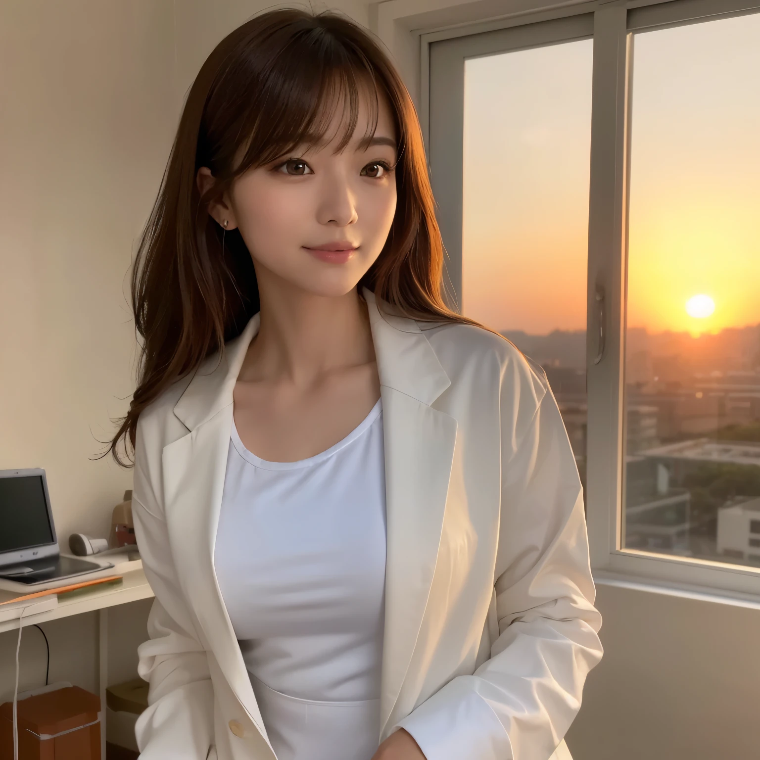 (highest quality、table top、8K、best image quality、Award-winning work)、1 nurse、(solo:1.3)、(The perfect and most natural nurse&#39;s pure white lab coat:1.2)、(A perfect white lab coat made of polyester:1.2)、(Perfect and most natural white plain nurse cap:1.2)、(The most natural and perfectly organized hospital room:1.1)、(A perfectly organized hospital room:1.1)、(The most natural and practical hospital room:1.1)、blurred background、emphasize body line、(standing elegantly:1.1)、(close up of face:1.1)、(look at me:1.2)、accurate anatomy、(Beautiful skin shining in the sunset:1.1)、(A hospital room bathed in sunlight:1.1)、(Vibrant and romantic sunset on the background of Naas:1.3)、(A fantastic and romantic sunset:1.2)、(epic movie lighting:1.1)、(romantic evening hospital room:1.1)、Super high-definition glossy skin、Super high-definition sparkling eyes、Super high definition beautiful hair、Super high definition beautiful teeth