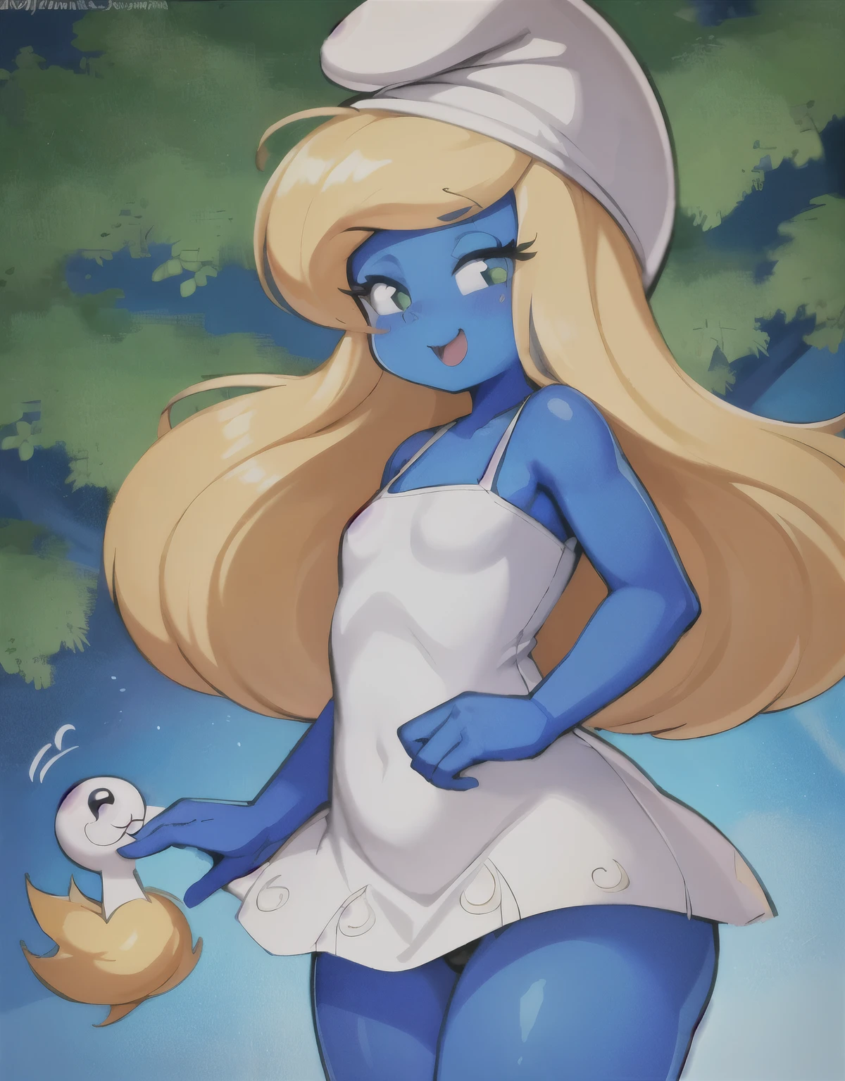 (1girl, smurfetteOC:1), cute, (hat, white dress:1.2), looking at viewer, (from below:1), (curvy), light smile, sexy,( colored skin, blue skin, blonde:1.2), (cartoon:1.2), smol,
(detailed landscape, forest, vegetation, big murshroom, particles:1), (cowboy shot:1.2),
(masterpiece:1.2), (best quality, highest quality), (ultra detailed), (8k, 4k, intricate), (50mm),
Black panties, wide hips