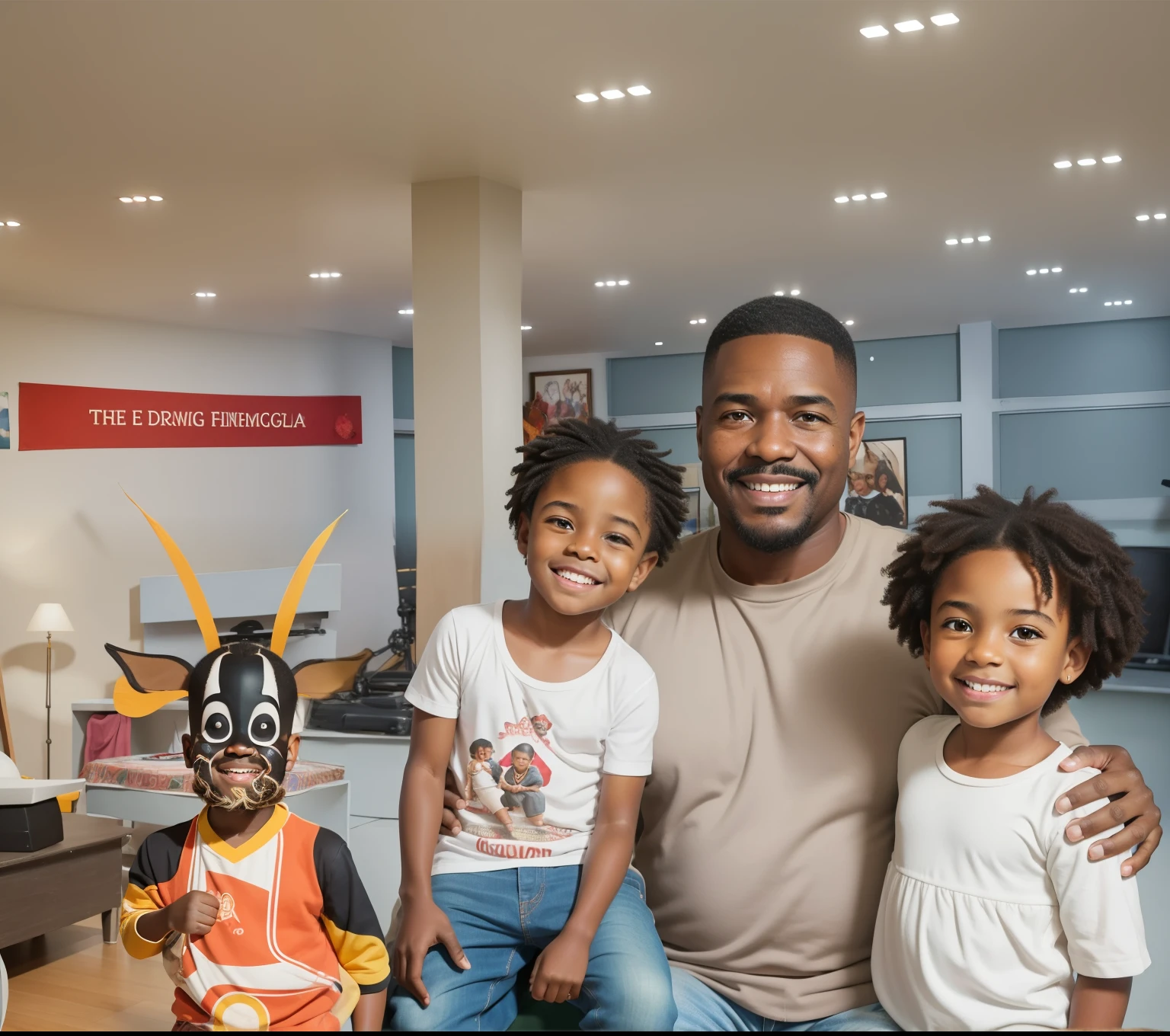 A group of African descent fathers and their children, with dark skin, are gathered in a photography studio to take a special portrait for Father's Day. The studio is well-lit with professional studio lighting, creating a warm and inviting atmosphere. The fathers and their children are dressed in colorful and stylish outfits, exuding a sense of joy and togetherness. The fathers are affectionately holding onto their children, showcasing the bond and love between them. The children, of different ages and sizes, are happily smiling and posing for the camera. The photograph captures the genuine happiness and pride on the fathers' faces as they embrace their role as loving and caring dads. The medium used for the artwork is a vibrant and vivid portrait, with each brushstroke capturing the intricate details of the subjects' features. The resulting image will have the best quality and be in high resolution, preserving the subtle expressions and emotions on everyone's faces. The colors in the artwork are vibrant and rich, enhancing the overall warmth and happiness of the scene. The lighting in the studio is soft and natural, highlighting the facial features and creating a flattering effect. The final artwork will be a masterpiece that celebrates the love and bond shared between fathers and their children in the African descent community.Pai, filhos afro descendentes, pai e filhos angolanos, pai e filhos pele escura, parents and children in a photo studio, tirando uma foto para o dia dos pais.