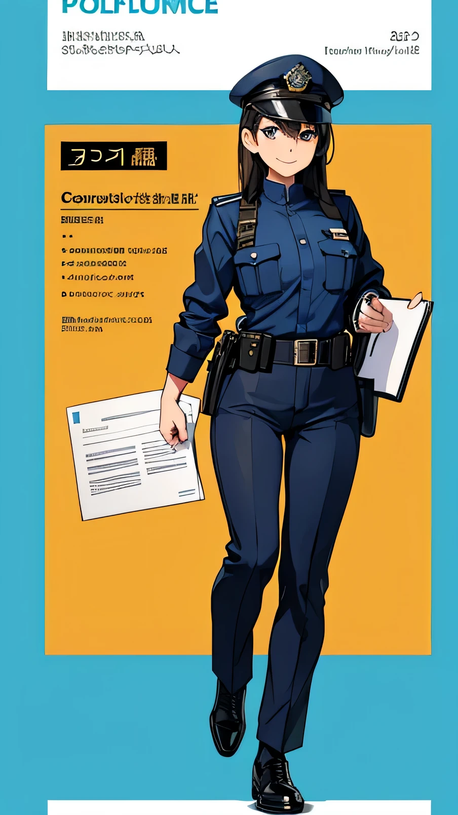 police，Smile，confidence，stand，front，Full body close-up，blue police uniform，black leather shoes，fanny pack，Holding official documents in hand