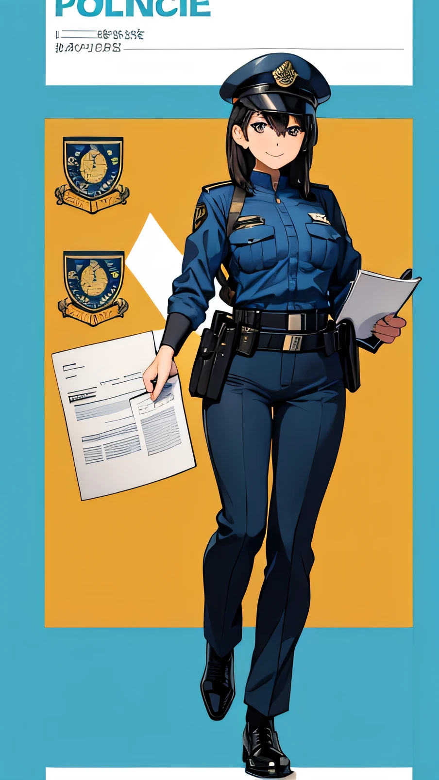 police,Smile,confidence,stand,front,Full body close-up,blue police uniform,black leather shoes,fanny pack,Holding official documents in hand,White background,