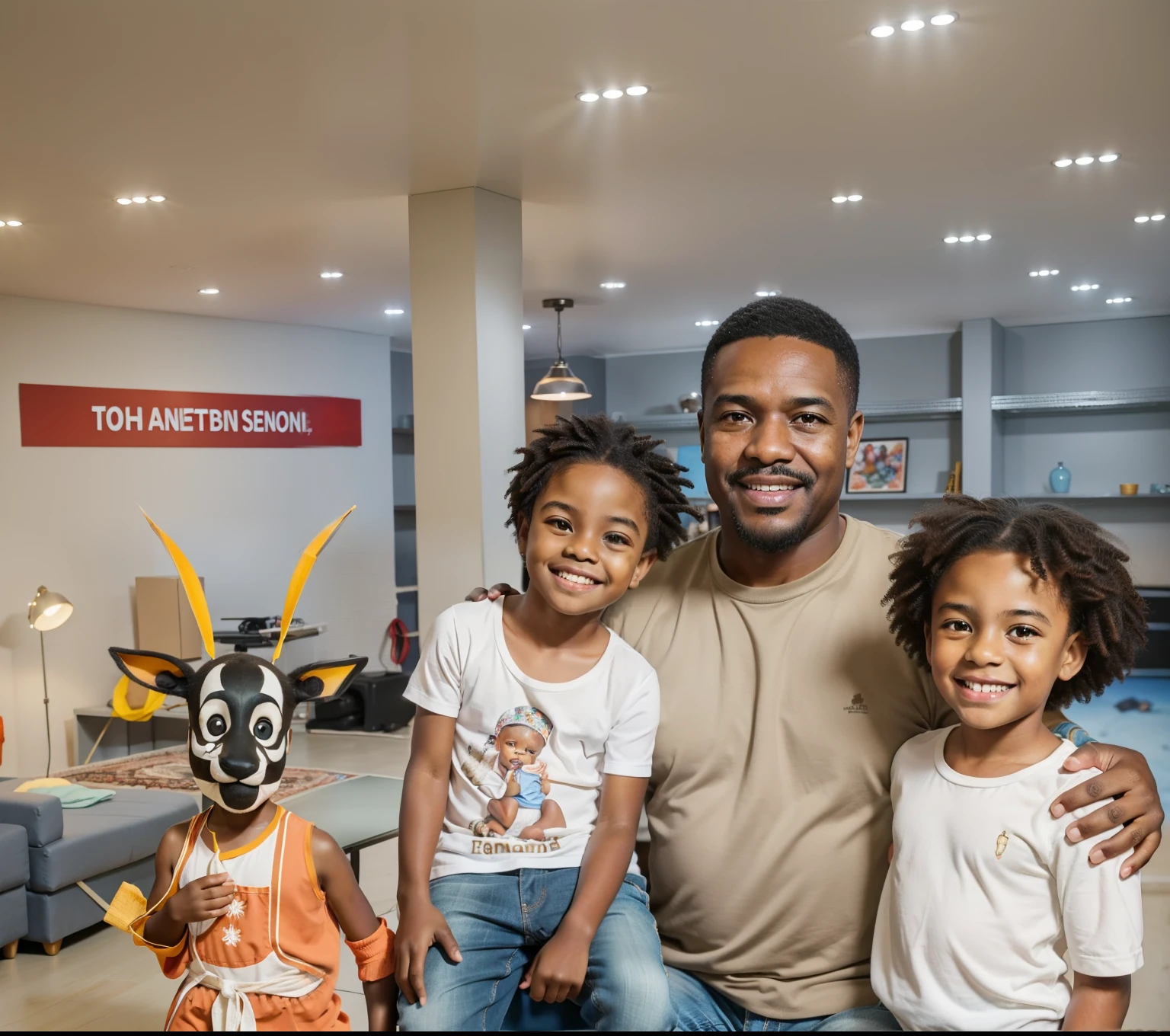 A group of African descent fathers and their children, with dark skin, are gathered in a photography studio to take a special portrait for Father's Day. The studio is well-lit with professional studio lighting, creating a warm and inviting atmosphere. The fathers and their children are dressed in colorful and stylish outfits, exuding a sense of joy and togetherness. The fathers are affectionately holding onto their children, showcasing the bond and love between them. The children, of different ages and sizes, are happily smiling and posing for the camera. The photograph captures the genuine happiness and pride on the fathers' faces as they embrace their role as loving and caring dads. The medium used for the artwork is a vibrant and vivid portrait, with each brushstroke capturing the intricate details of the subjects' features. The resulting image will have the best quality and be in high resolution, preserving the subtle expressions and emotions on everyone's faces. The colors in the artwork are vibrant and rich, enhancing the overall warmth and happiness of the scene. The lighting in the studio is soft and natural, highlighting the facial features and creating a flattering effect. The final artwork will be a masterpiece that celebrates the love and bond shared between fathers and their children in the African descent community.Pai, filhos afro descendentes, pai e filhos angolanos, pai e filhos pele escura, parents and children in a photo studio, tirando uma foto para o dia dos pais.