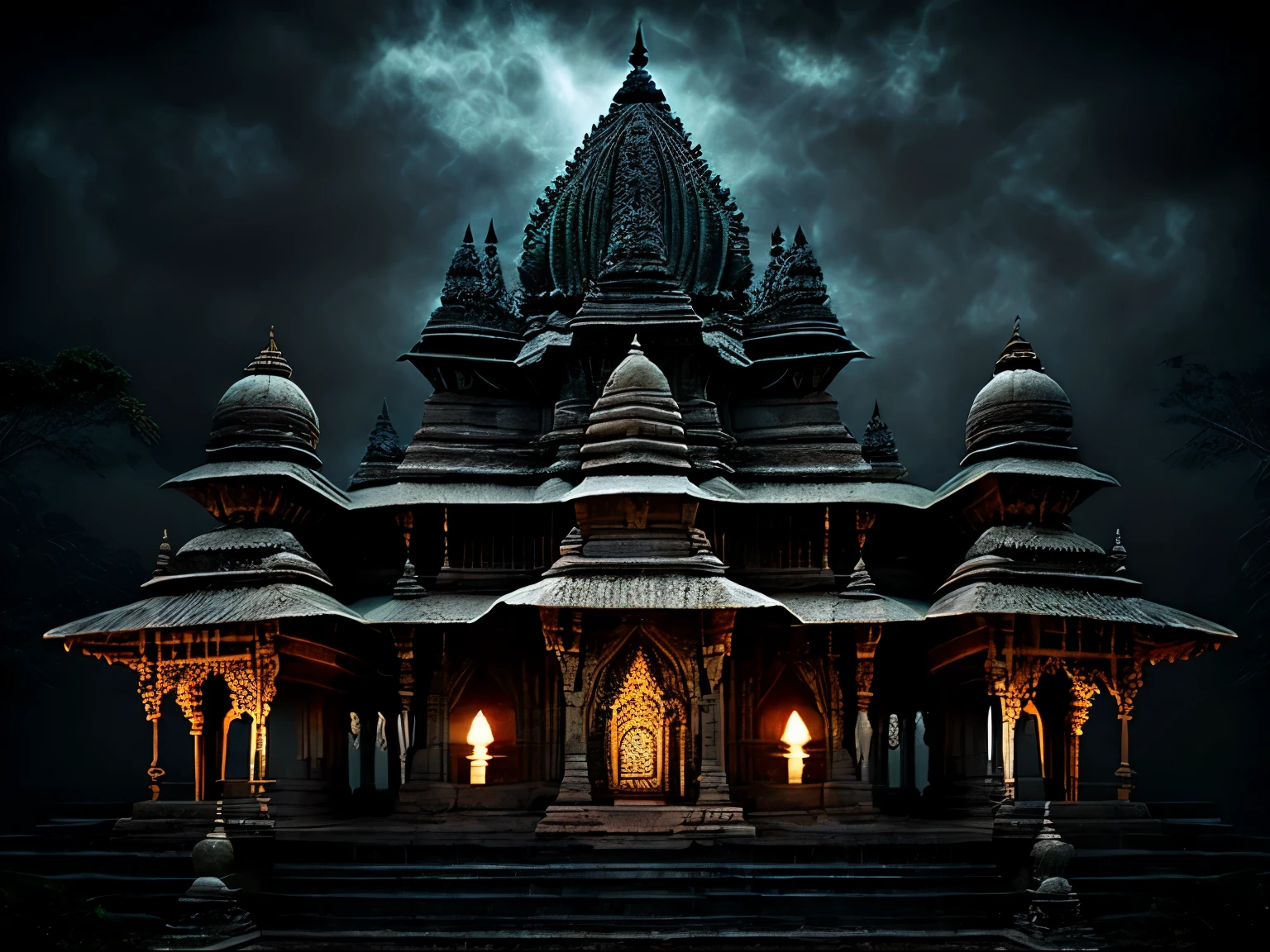 ((best quality)), (detailed), evil decor, effrayant, dieu Inde, nuit, smoke, Haunted Forest, India, spirituality, Hindi, Hindou, temple Indien, temple Hindou, architecture parfaite, architectural precision, (Outside) cannabis
