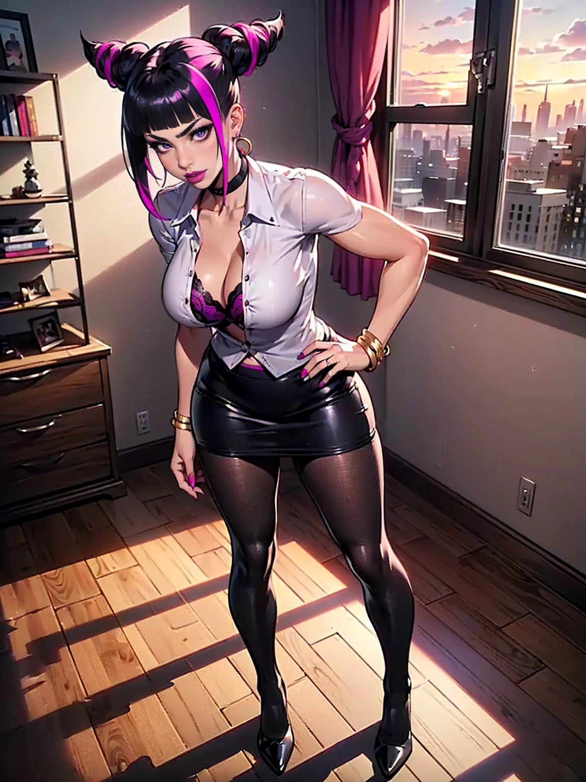 ((1girl, solo ,alone, Juri Han, pretty Juri Han from Street Fighter, big ass, purple eyes, purple eyes, thrjuri, multicolored hair, purple eyes, twojuri, foujuri, muscular female, gold bracelets, ruby earrings)), athletic body, toned body, fitness, ((solo, (1woman, pink lipstick), Extremely detailed, ambient soft lighting, 4k, perfect eyes, a perfect face, perfect lighting, a 1girl)), ,((solo, (1woman, pink lipstick), Extremely detailed, ambient soft lighting, 4k, perfect eyes, a perfect face, perfect lighting, a 1girl)), austere, ((officelady, (businesswoman), Black suit, Black tight skirt, White blouse, Black tights, Office, lana, Beautiful woman, gazing at viewer, Looking here, hight resolution, top-quality, full body, animations, illustratio, office, penthouse, executive room, large window, landscape of a metropolis, sunset, clouds)), documents, books, table, shelves, pencil skirt, computer, (((((neutral background)),cinematic photo ((Full-Body Shot)),breathtaking (20 year old:1.3) woman, [Lanky body, Oversized Breasts, Sleek chocolate brown lob with fringe hairstyle,Straight Nose,Lower Lip Protrusion, Amber skin], in bedroom, (legs together), lingerie, penis-dildo, . award-winning, professional, highly detailed . 35mm photograph, film, bokeh, professional, 4k, highly detailed)))