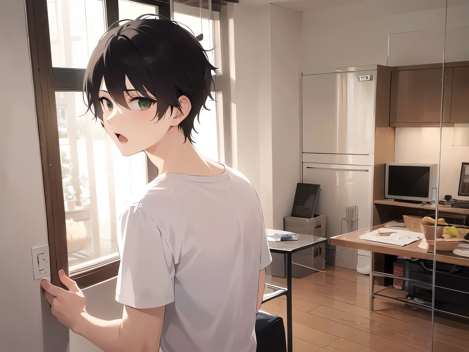 look back, masterpiece、highest quality、(25 year old male:1.5) and (brown short hair) and (green eyes), wearing a white T-shirt、Are standing、surprised, open mouth、The background is the living room at night、(Alone:1.5)、Upper body is shown、