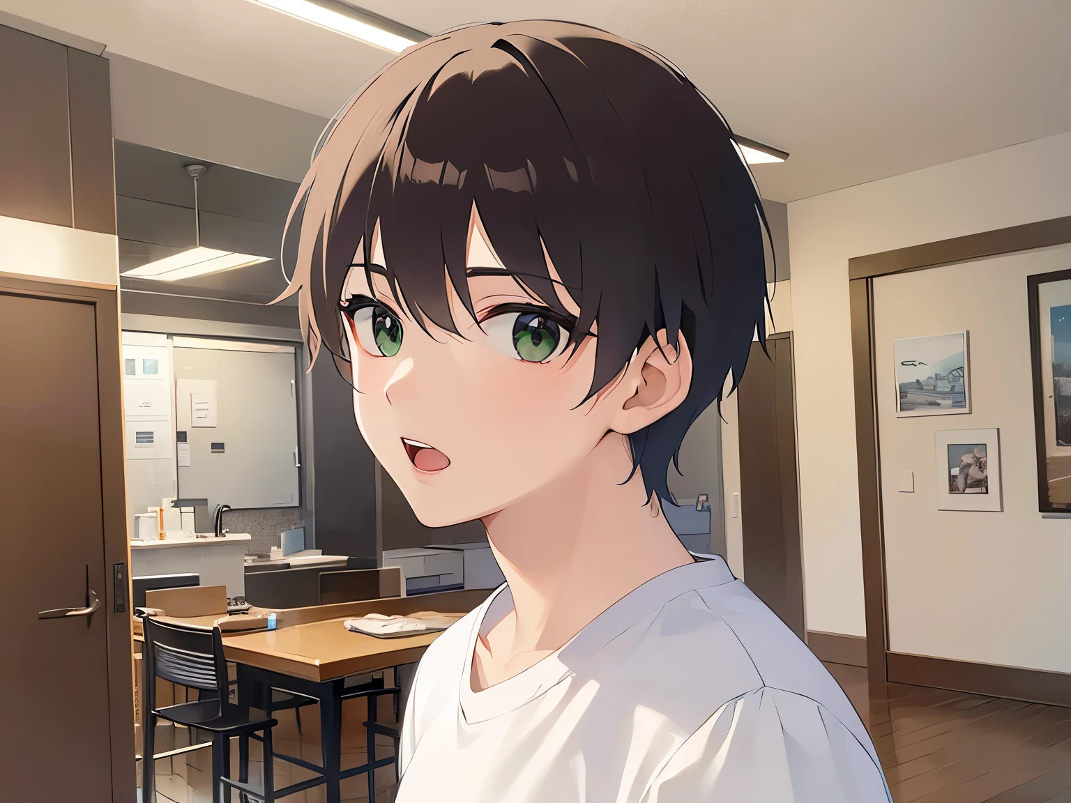 look back, masterpiece、highest quality、(25 year old male:1.5) and (brown short hair) and (green eyes), wearing a white T-shirt、Are standing、surprised, open mouth、The background is the living room at night、(Alone:1.5)、Upper body is shown、