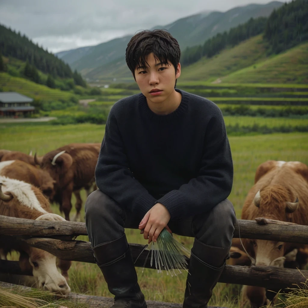 body, wide shot, cinematic portrait of a 16 year old Korean Asian man, with short straight hair parted in the middle wearing a gray sweater, black jeans boots, feeding buffalo carrying a white plastic umbrella during heavy rain with grass in the rice fields wooden view with bokeh background with green grasslands, trees and mountains Viewed from a long distance realistic shot, low angle shot, free face looking at the camera