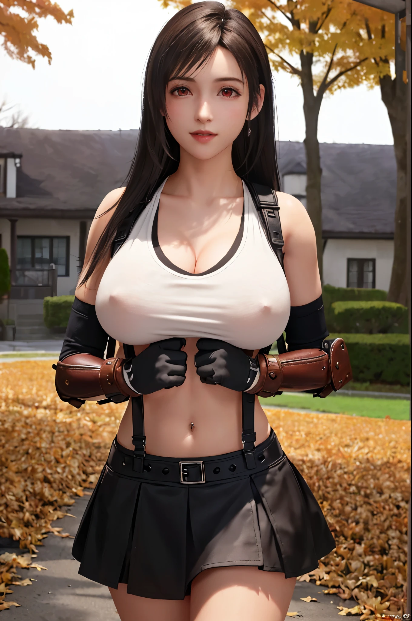 nsfw, (((shirt lift:1.5, showing nipples))), (top quality, masterpiece), (((FF7,Tifa_lockhart))), (((suspender, tank tops, A dark-haired, length hair, elbowgloves))), ((Beautiful detailed red eyes)), (Beautiful highlights of red eyes)), Facial light, navel, High exposure, (((tight mini-skirt))), Exposure of the abdomen. ribs, abs, nsfw, showing nipples, (solo), (autumn,walking, outdoor),(cute pose:1.3),Ultra-detailed face, (((FF7,Tifa_lockhart))), (black brown hair, big breast: 1.5),nsfw, showing nipples, about 18 years old,kawaii,smile:1.1, nsfw, showing nipples