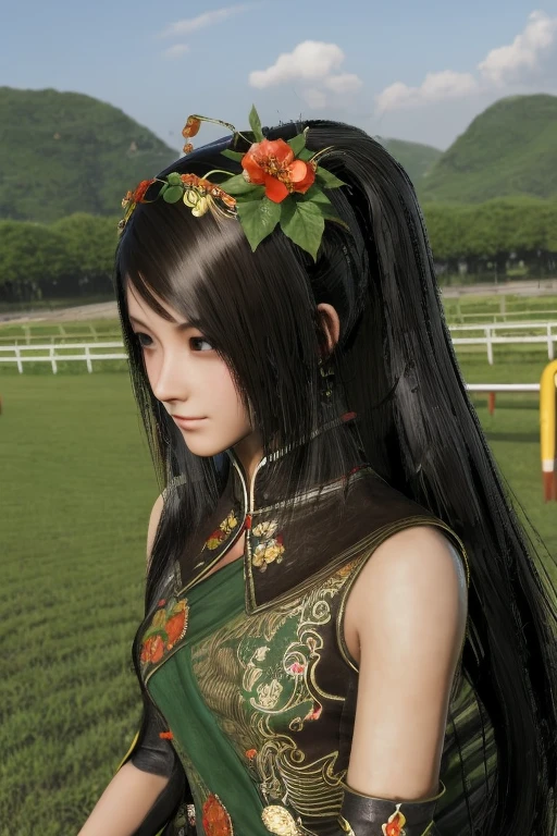 Guan Yinping, Lively，happy, black发, brown eyes, hair accessories, hair flower, Half body, black, 上Half body，pretty face，cute，horse riding