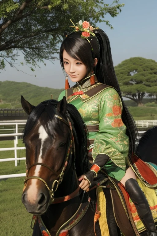 Guan Yinping, Lively，happy, black发, brown eyes, hair accessories, hair flower, Half body, black, 上Half body，pretty face，cute，horse riding