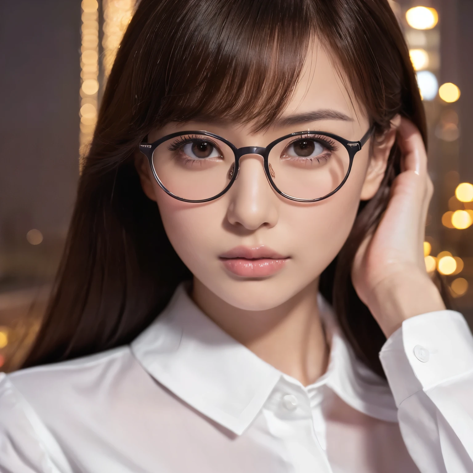 (highest quality、table top、8K、best image quality、Award-winning work)、one beautiful woman、25 years old、perfect beautiful composition、(Classy glasses:1.2)、cleavage、Big breasts that are about to burst、(Perfect and precise white collared polyester shirt:1.5)、(Stand upright facing the front:1.3)、A sexy face stares at me、perfect makeup、Bewitching、Overflowing sex appeal、glossy and bright lips、accurate anatomy、(close up of face:1.6)、(The most moody and romantic atmosphere:1.1)、(The most romantic blurred night scene background:1.2)、(Night view of the 40th floor seen from the roof of a skyscraper:1.2)、Beautiful face with exquisite balance、perfect makeup、Ultra high definition beauty face、ultra high definition hair、Moist eyes in super high resolution、(completely closed lips:1.3)、(Super high resolution glossy skin:1.1)、Super high resolution glossy lips