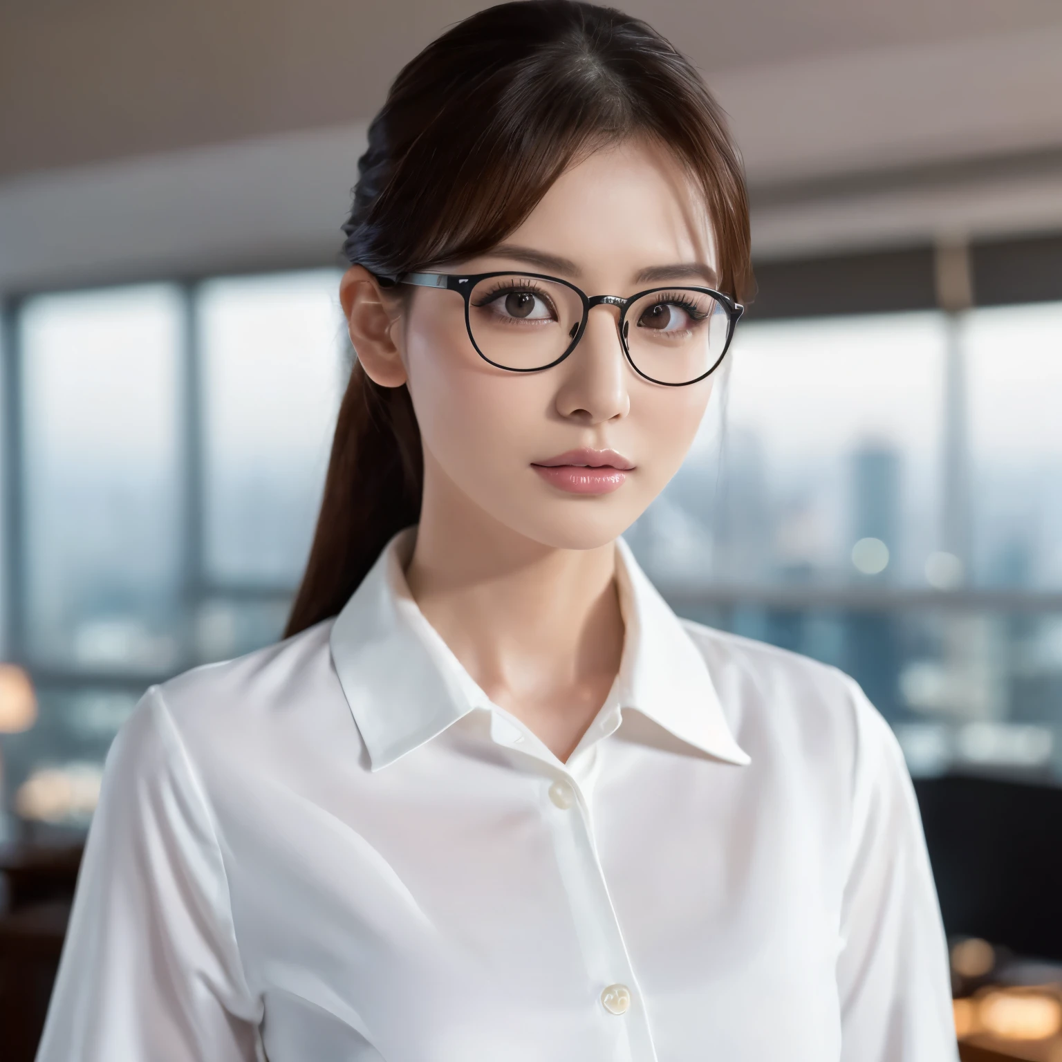 (highest quality、table top、8K、best image quality、Award-winning work)、one beautiful woman、25 years old、perfect beautiful composition、(Classy glasses:1.2)、cleavage、Big breasts that are about to burst、(Perfect and precise white collared polyester shirt:1.5)、(Stand upright facing the front:1.3)、A sexy face stares at me、perfect makeup、Bewitching、Overflowing sex appeal、glossy and bright lips、accurate anatomy、(close up of face:1.6)、(The most moody and romantic atmosphere:1.1)、(The most romantic blurred night scene background:1.2)、(Night view of the 40th floor seen from the roof of a skyscraper:1.2)、Beautiful face with exquisite balance、perfect makeup、Ultra high definition beauty face、ultra high definition hair、Moist eyes in super high resolution、(completely closed lips:1.3)、(Super high resolution glossy skin:1.1)、Super high resolution glossy lips