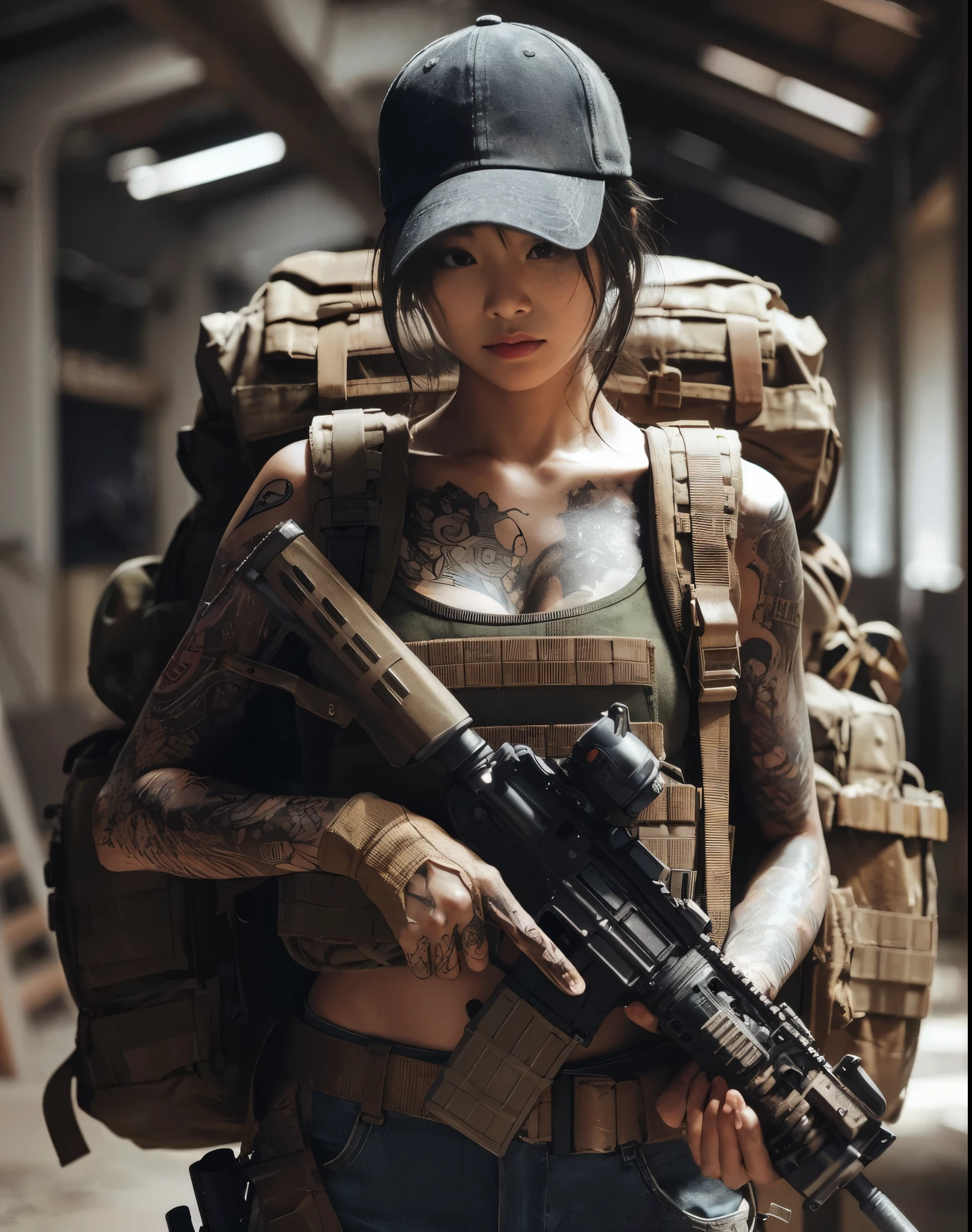 ８K,realistic photo、realistic skin texture、A beautiful Japanese woman in the American military is in an old warehouse that is no longer in use.、There is a hole in the roof and light shines in.、Dust is flying、A large wooden box placed casually is partially broken.、bulletproof vest、Holding an automatic rifle、with caution、Backpack、wearing a baseball cap、It is dirty、tattoo