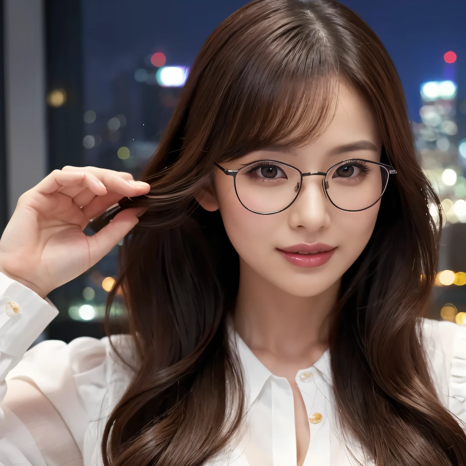 (highest quality、table top、8K、best image quality、Award-winning work)、one beautiful woman、25 years old、perfect beautiful composition、(Classy glasses:1.1)、Big breasts that are about to burst、elegant long wavy hair、white shirt、(Stand upright facing the front:1.1)、smile looking at me、perfect makeup、Bewitching、Overflowing sex appeal、glossy and bright lips、accurate anatomy、(close up of face:1.5)、(The most moody and romantic atmosphere:1.1)、(The most romantic blurred night scene background:1.1)、(Night view of the 40th floor seen from the roof of a skyscraper:1.2)、Beautiful face with exquisite balance、perfect makeup、Ultra high definition beauty face、ultra high definition hair、Moist eyes in super high resolution、(completely closed lips:1.2)、(Super high resolution glossy skin:1.1)、Super high resolution glossy lips