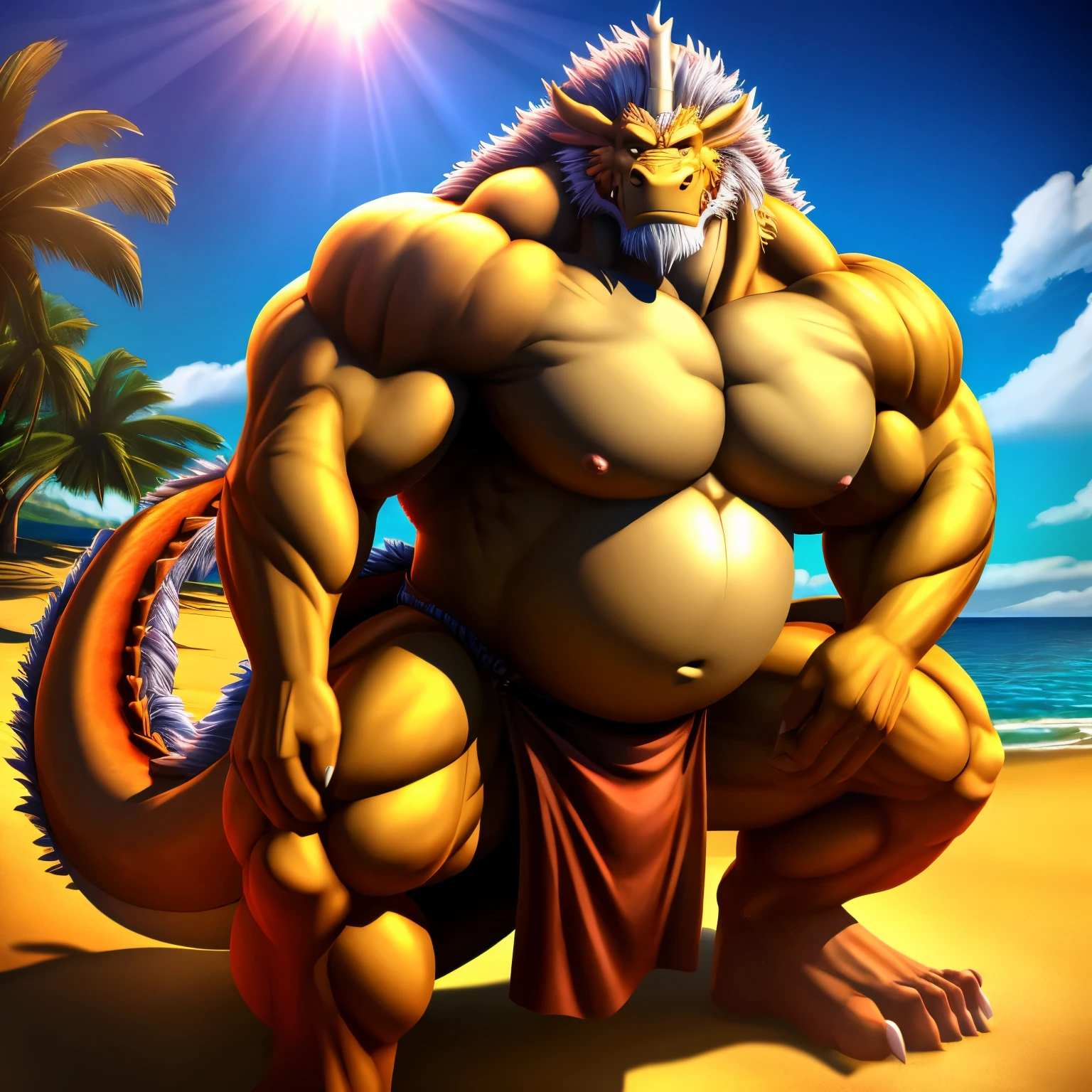  kaido,  eastern dragon king, male dragon, eastern dragon, very big muscles, hulking,  extremely strong, big abdominal muscles, hefty musclegut, pecs, muscular dad body,  Strong and robust musclegut , strong abs, sharp  claws, dragon feet claw, full body, loincloth, one piece, HDR,  nipples, sunlight, daylight, outdoor, bright , sunshine, at noon, fighting pose, good weather,  on sea beach, 8k, best quality .