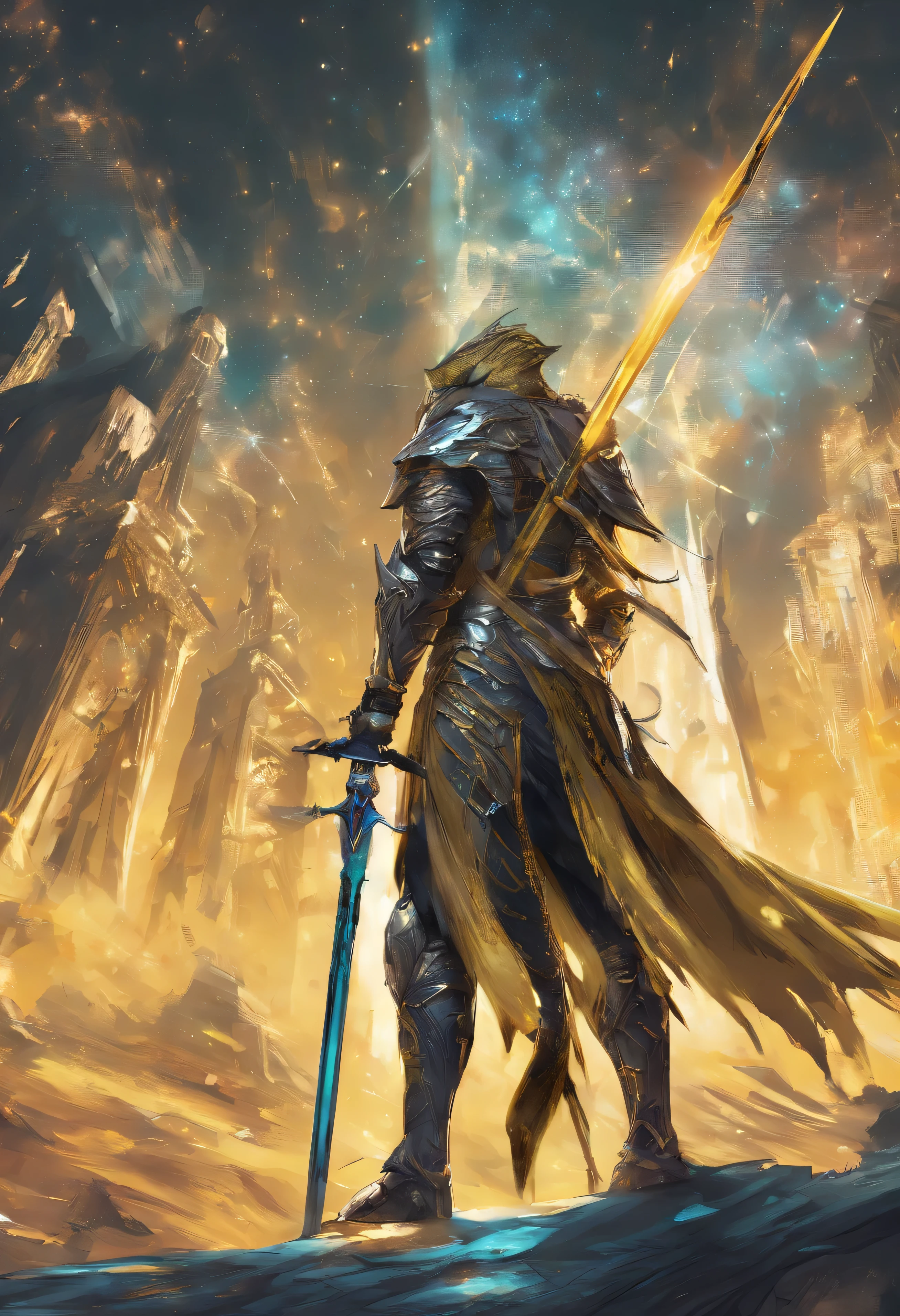 There is a spear，There are yellow and black patterns on it, glowing soul blade, Glowing Barracuda, Parker blade style, raytraced blade, sword, Shiny Parker, Intricate fantasy spear, war blade weapons, medieval spear, magical pike, realistic pike，Cosmic Galaxy