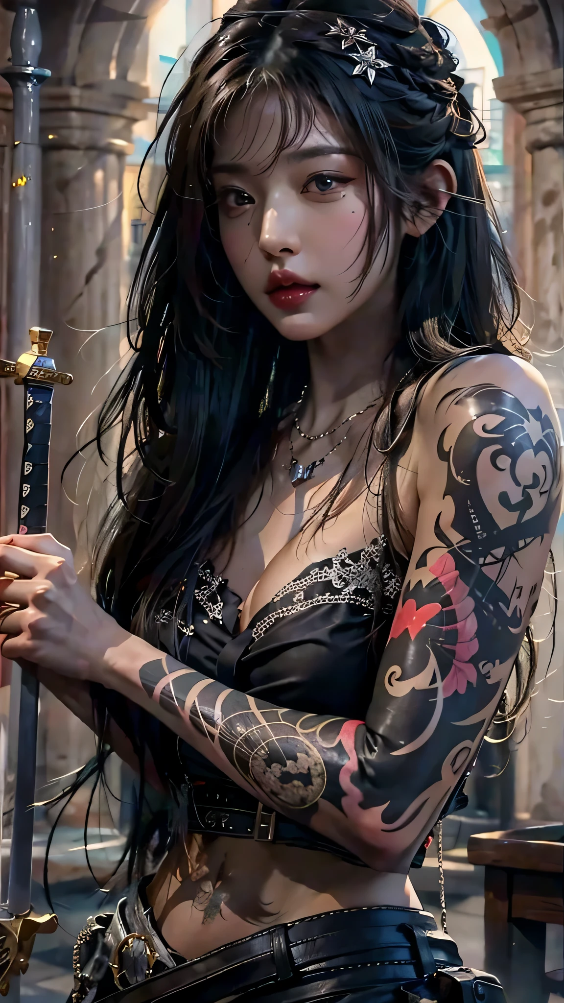 photorealistic, high resolution, soft light,1women, solo, hips up, (detailed face), jewelry, tattoo,black mafia clothing, black hair, super long hair, looking viewers, tatto, messy hair, close up, small breast, adult, holding sword