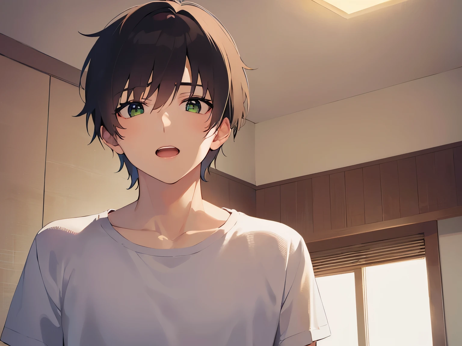 masterpiece、highest quality、(25 year old male:1.5) and (brown short hair) and (green eyes), wearing a white T-shirt、Are standing、confusion, open mouth、The background is the living room at night、(Alone:1.5)、Upper body is shown、