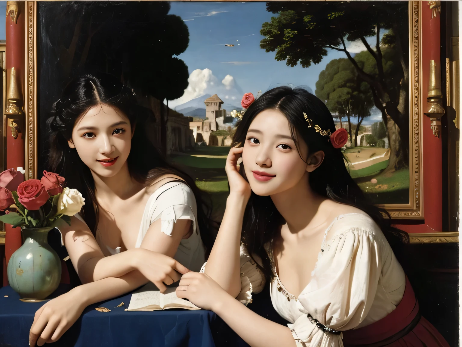 Giorgione painting style,Arguments of two female Philosophe,math、astronomical machine、astronaut、roses in vase、fruits、Cute trinkets、smile、ancient greek costume、Ancient Roman landscape in the style of Nicolas Poussin,laughter,,Sweet and seductive appearance.、Caravaggio's paintings、Chiaroscuro of Caravaggio、hair tousled by the wind,Two women frolicking,cute smile, expression of ecstasy,Sexy,erotic