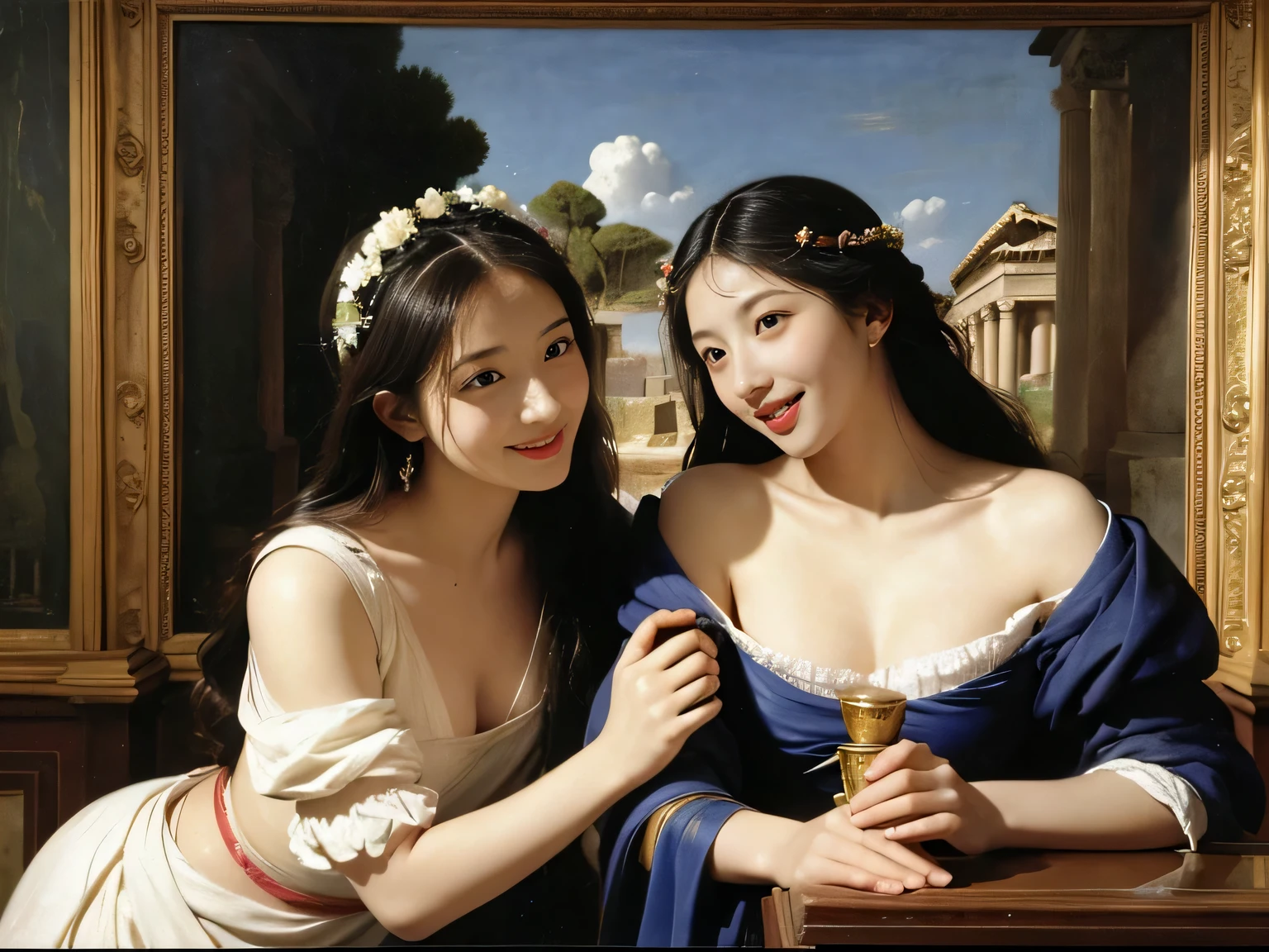 Giorgione painting style,Arguments of two female Philosophe,math、astronomical machine、astronaut、roses in vase、fruits、Cute trinkets、smile、ancient greek costume、Ancient Roman landscape in the style of Nicolas Poussin,laughter,,Sweet and seductive appearance.、Caravaggio's paintings、Chiaroscuro of Caravaggio、hair tousled by the wind,Two women frolicking,cute smile, expression of ecstasy,Sexy,erotic