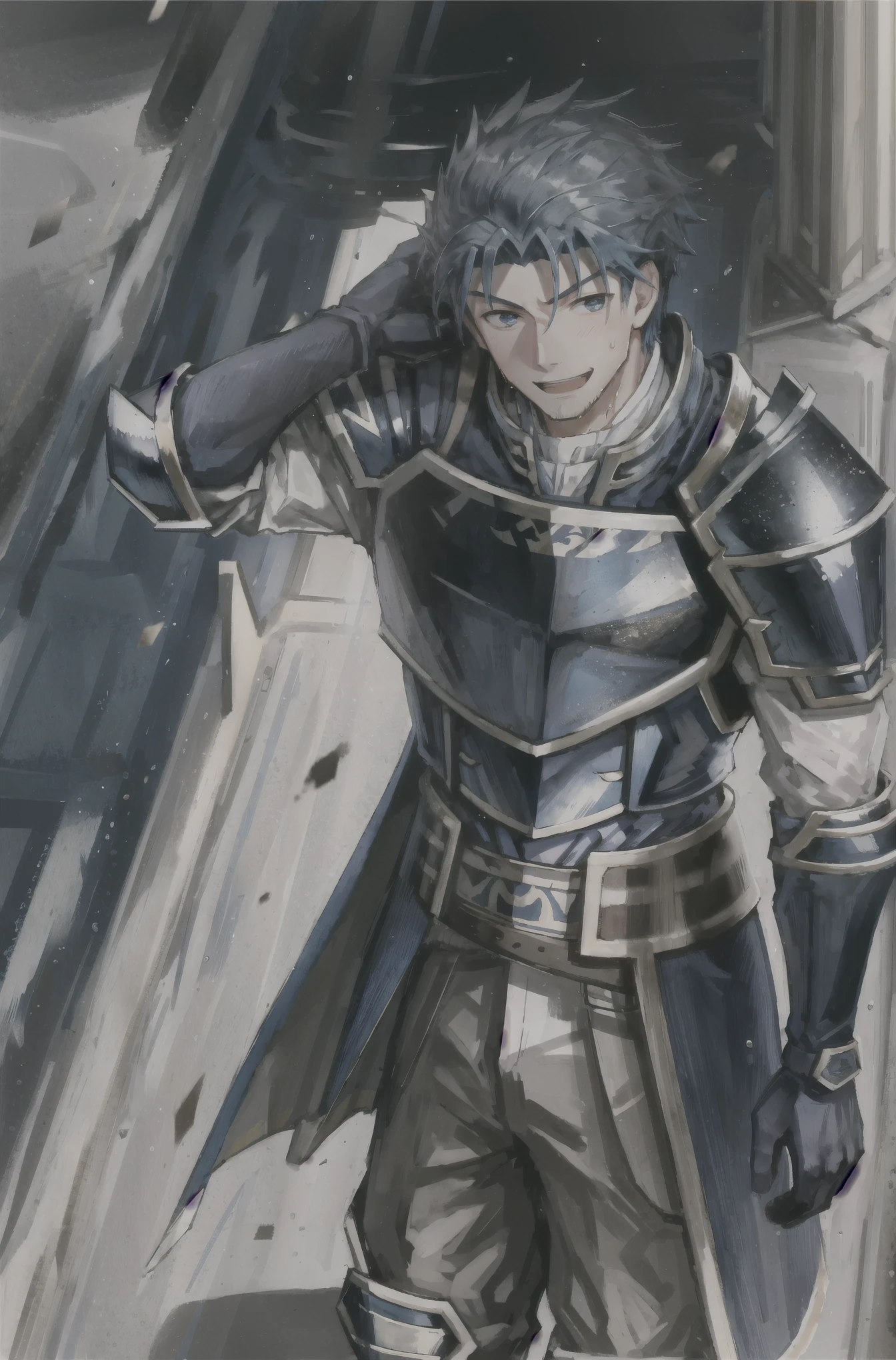 Hector Fay, soloist, looking at the audience, smiling, open mouth, sweat, get wet, wet, Slobber, Gloves, 1 boy, blue hair, male focus, tie, armor, from below,
