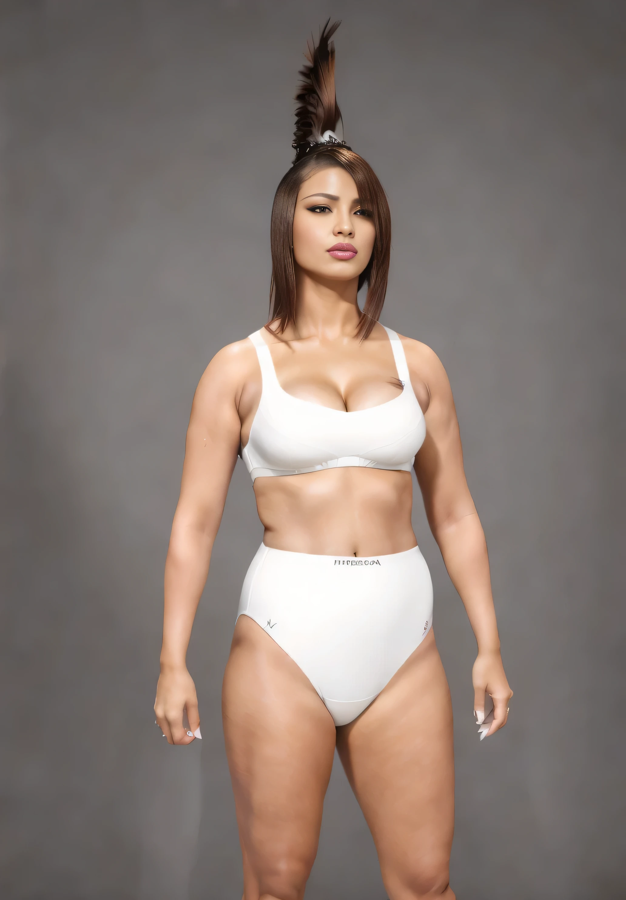 ((masterpiece, best quality)), ((37 year old)), (((Curvy))), (((Latina with brown mohawk hair and bangs)), in white sports bra, ((white high cut panties)), Standing in front of a grey screen, (((photo realistic)))