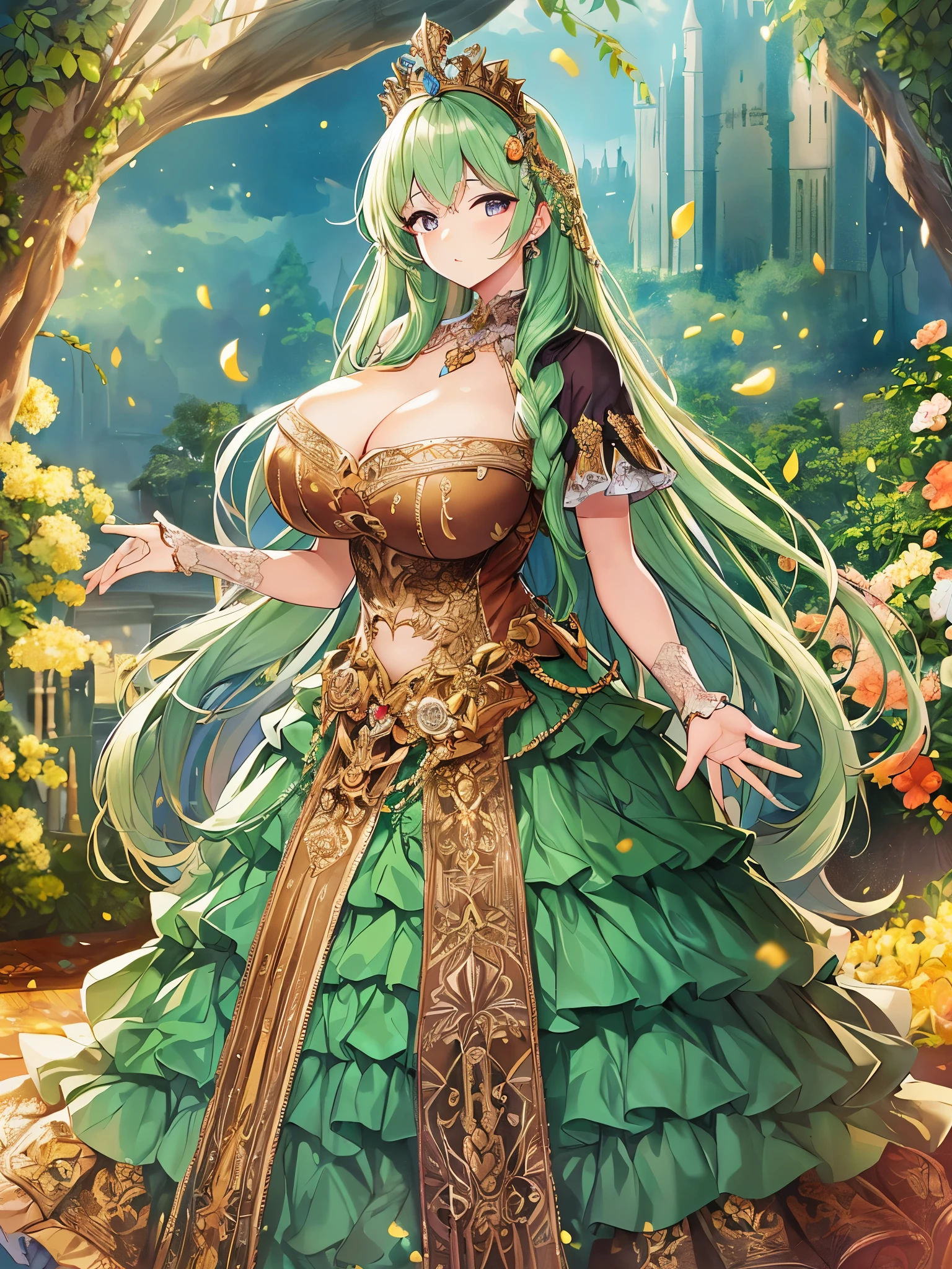 ((anime artstyle)),(((absurdres, Full-HD))),(Masterpiece),(Best Quality),(Super Detail),((Very Delicate and Beautiful)),cinematic lighting,Solo,full body,((full body shot)),((1 gorgeous rococo princess)),detailed face and eyes,jewel-like eyes,(((very very gigantic tits,cleavage,curvy))),Skindentation,((fantasy castle,outdoor)),((crinoline,long train)),super detailed gorgeous princess rococo ballgown with voluminous full length hoop skirt and long train,((gorgeous princess rococo ballgown with beautiful embroidery and jeweled)),((large amount of straight hair, absurdly long hair,Very Long Straight Hair)),extremely gorgeousfull hair ornament,bling-bling extremely gorgeousfull jeweled tiara,luxurious jewelry,full body shot,((gorgeous rococo ballgown with voluminous full length hoop skirt))