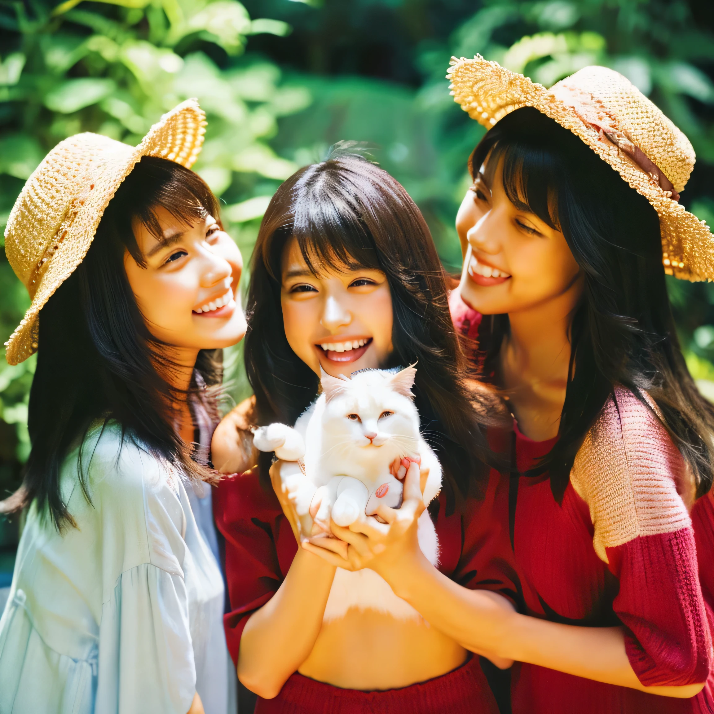 Identical twin sisters holding a cat Beautiful woman 24-years-old laughter Asian hair length