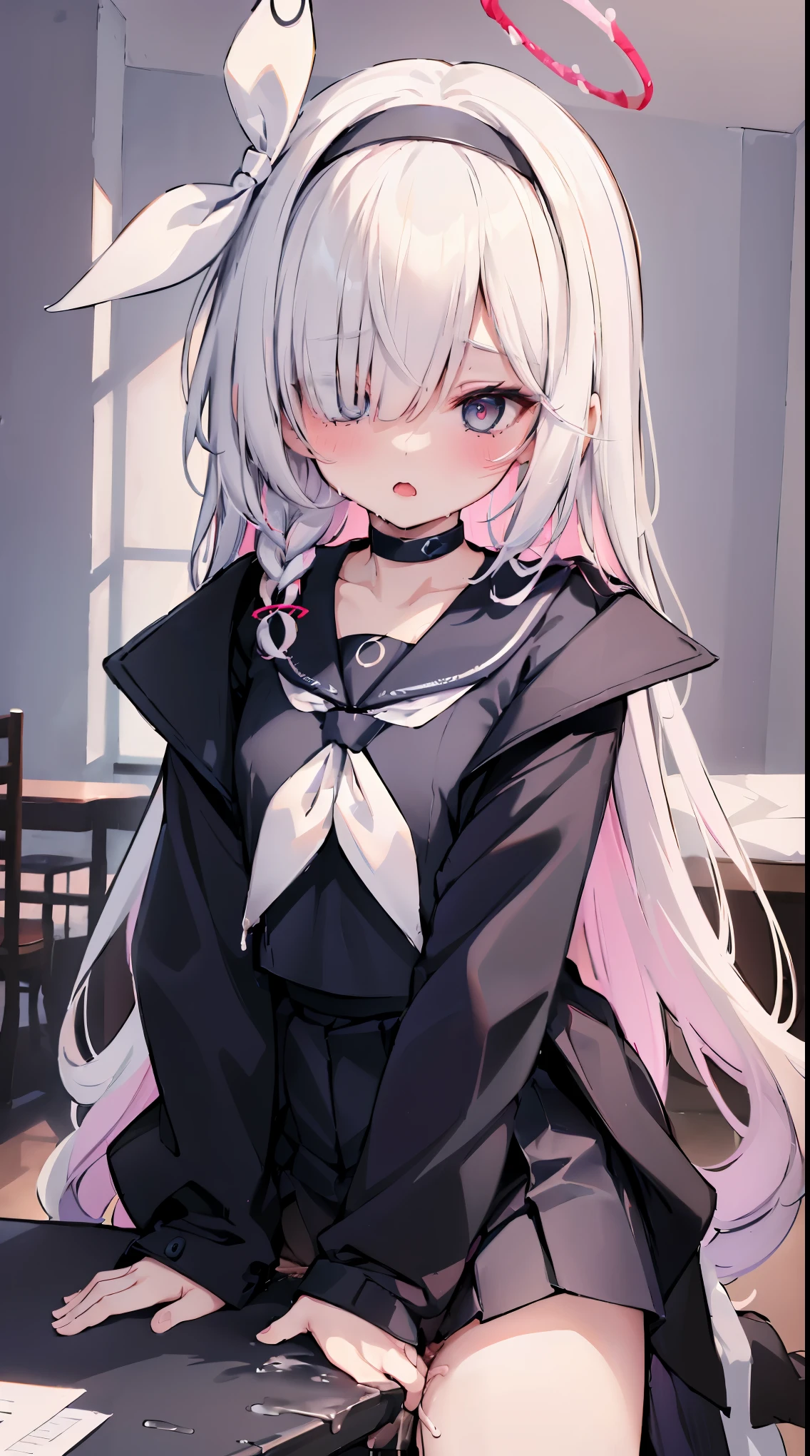 ((masterpiece,best quality)),
1girl,solo,arona \(blue archive\),hair over one eye,hairband, halo, black choker, choker, , braid, long hair, serafuku, white hair, sailor collar, pleated skirt,bangs, ribbon, long sleeves, neckerchief, collarbone,black hairband, white neckerchief,black skirt, hair ribbon, jacket, single braid, bow,
pantyhose, black pantyhose,no shoes,parted lips, blush, (table humping:1.5), (crotch rub:1.5),(panting:1.2), (blushing:1.3), (moaning:1.5), (pussy juice:1.5),  (cumming:1.5), (table:1.5), lifting, (female_ejacuation:1.5), pussy, (table sex:1.6)