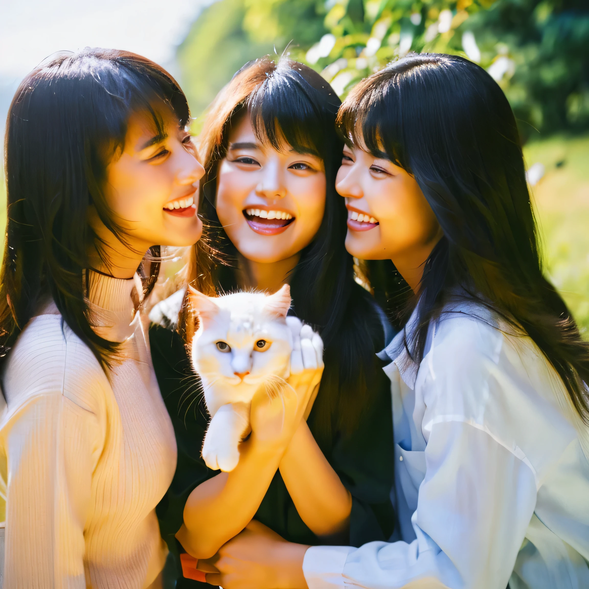 Identical twin sisters holding a cat　Beautiful woman　24-years-old　laughter　Asian　hair length
