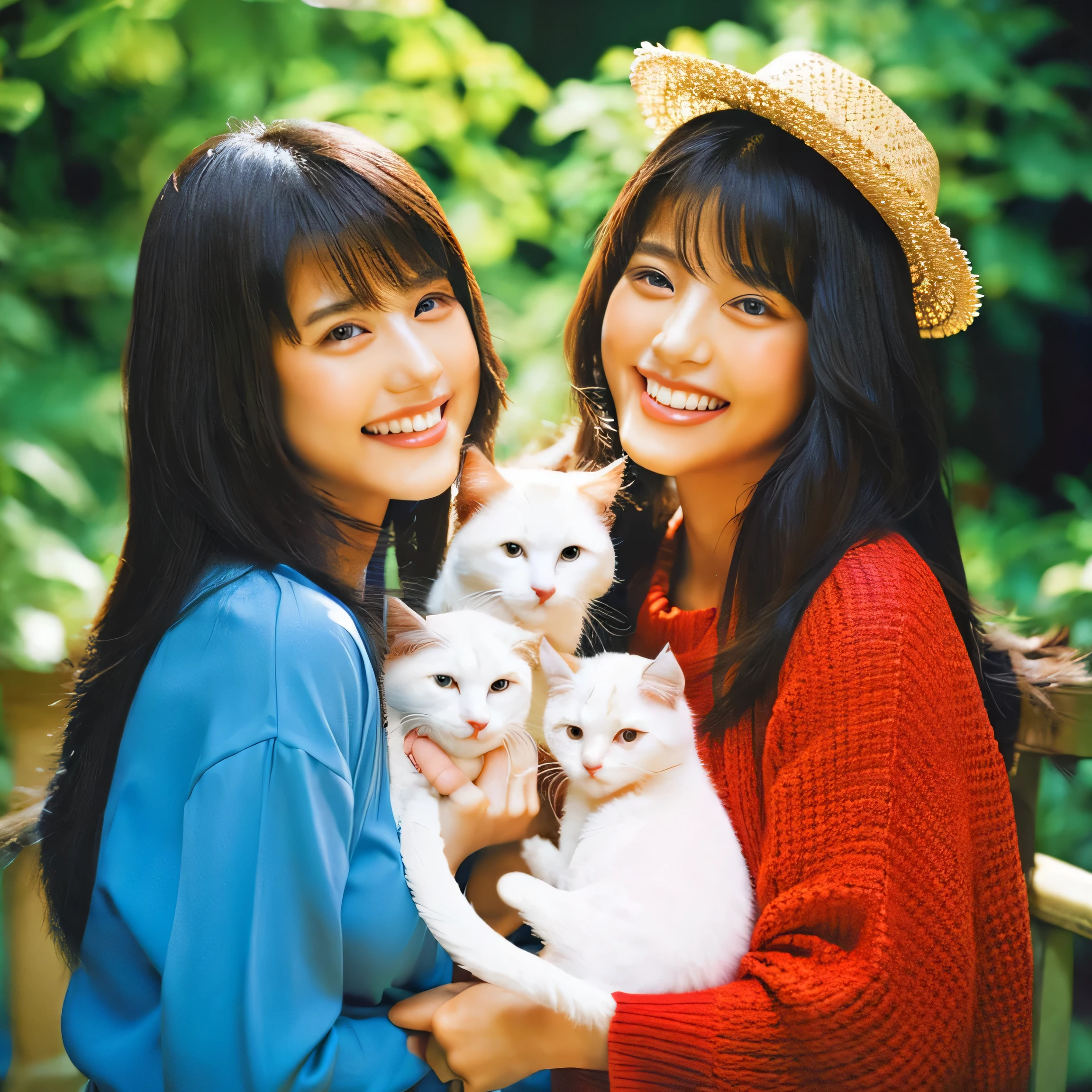 Identical twin sisters holding a cat Beautiful woman 24-years-old laughter Asian hair length