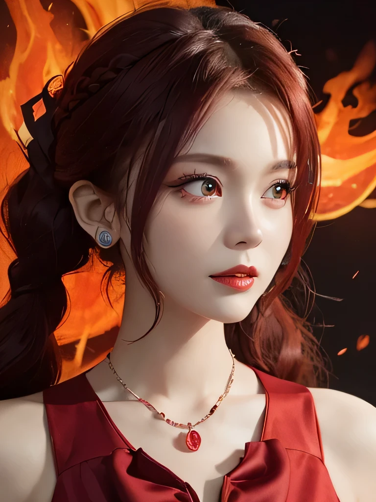 (in the dark:1.6), 1 girl, in the dark, deep shadow, secret key,cowboy shot,(formal wear:1.4) ,long wavy hair,redhead,clavicle、flame background、redhead、red background、red spirit clothes、earrings、necklace、red tattoo、red eyes、she is a spirit、close up of face、red eyes、close up of face、red eyes、look up、red fairy costume、red headband、red eyes、Braid、bright red lipstick、Fire Devil、red eyes、redhead、red eyes、赤いflame background、bright red eyes、twin tails、smile、小さなteethが見える、teeth、red eyes、clavicle、red headband、