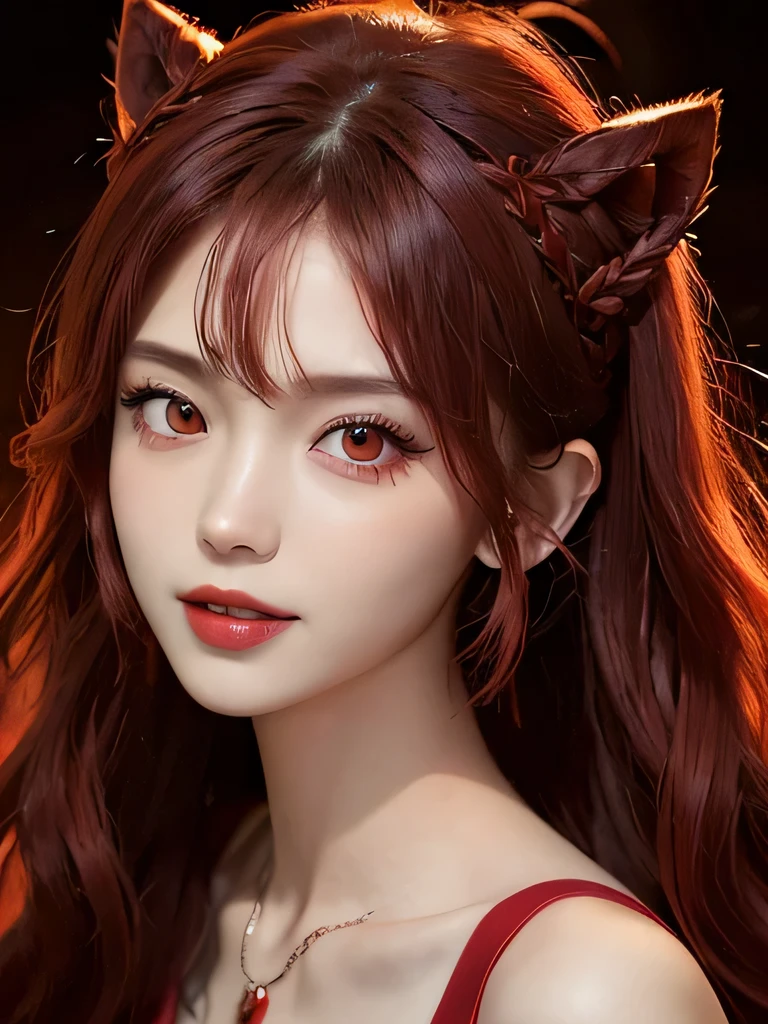(in the dark:1.6), 1 girl, in the dark, deep shadow, secret key,cowboy shot,(formal wear:1.4) ,long wavy hair,redhead,clavicle、flame background、redhead、red background、red spirit clothes、earrings、necklace、red tattoo、red eyes、she is a spirit、close up of face、red eyes、close up of face、red eyes、look up、red fairy costume、red headband、red eyes、Braid、bright red lipstick、Fire Devil、red eyes、redhead、red eyes、赤いflame background、bright red eyes、twin tails、smile、小さなteethが見える、teeth、red eyes、clavicle、red headband、