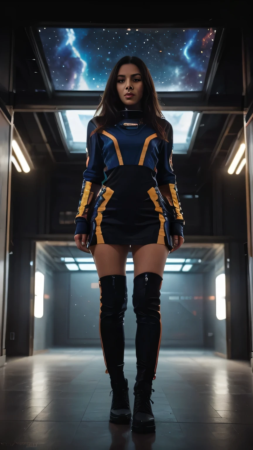 (masterpiece, Super detailed, hyper quality), (((wide shot))), Futuristic space station rendered in jewel tones, cinematic lighting, bright colors, in frame, ,photo r3al、beautiful girl, beautiful face, beautiful
