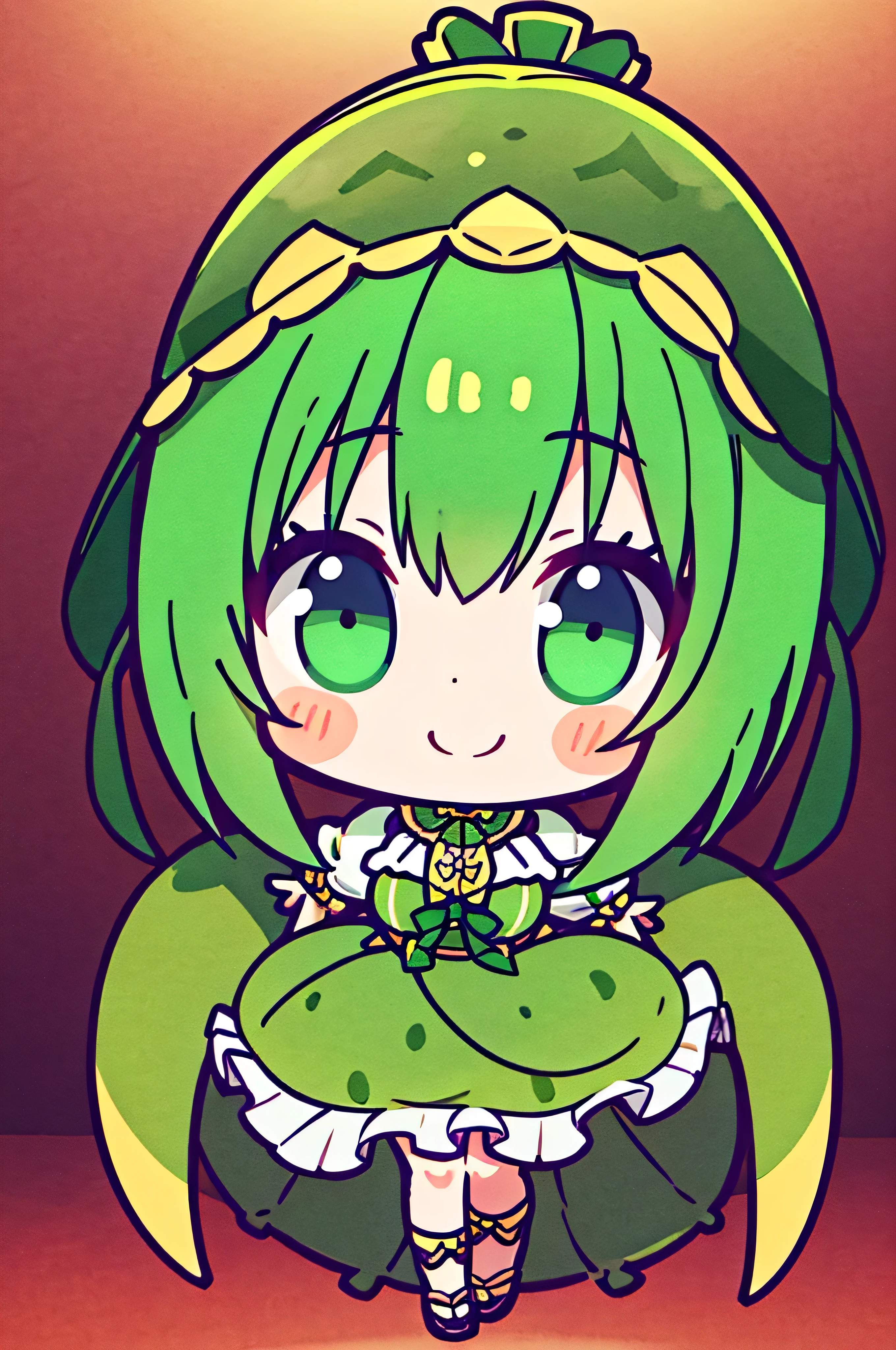 大きな伯爵を着たアニメのgirl'melon with green flesh and a fine mesh pattern on the skin.、The clothes are in the shape of a count.'melon.。girlは笑っています、girl'hand, feet, Clothes should be depicted entirely so that they do not protrude from the screen。.。