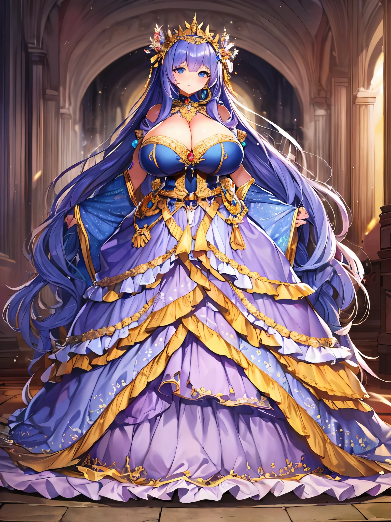 ((anime artstyle)),(((absurdres, Full-HD))),(Masterpiece),(Best Quality),(Super Detail),((Very Delicate and Beautiful)),cinematic lighting,Solo,full body,((full body shot)),((1 gorgeous rococo princess)),detailed face and eyes,jewel-like eyes,(((very very gigantic tits,cleavage,curvy))),Skindentation,((fantasy castle,outdoor)),((crinoline,long train)),super detailed gorgeous princess rococo ballgown with voluminous full length hoop skirt and long train,((gorgeous princess rococo ballgown with beautiful embroidery and jeweled)),((large amount of straight hair, absurdly long hair,Very Long Straight Hair)),extremely gorgeousfull hair ornament,bling-bling extremely gorgeousfull jeweled tiara,luxurious jewelry,full body shot,((gorgeous rococo ballgown with voluminous full length hoop skirt))