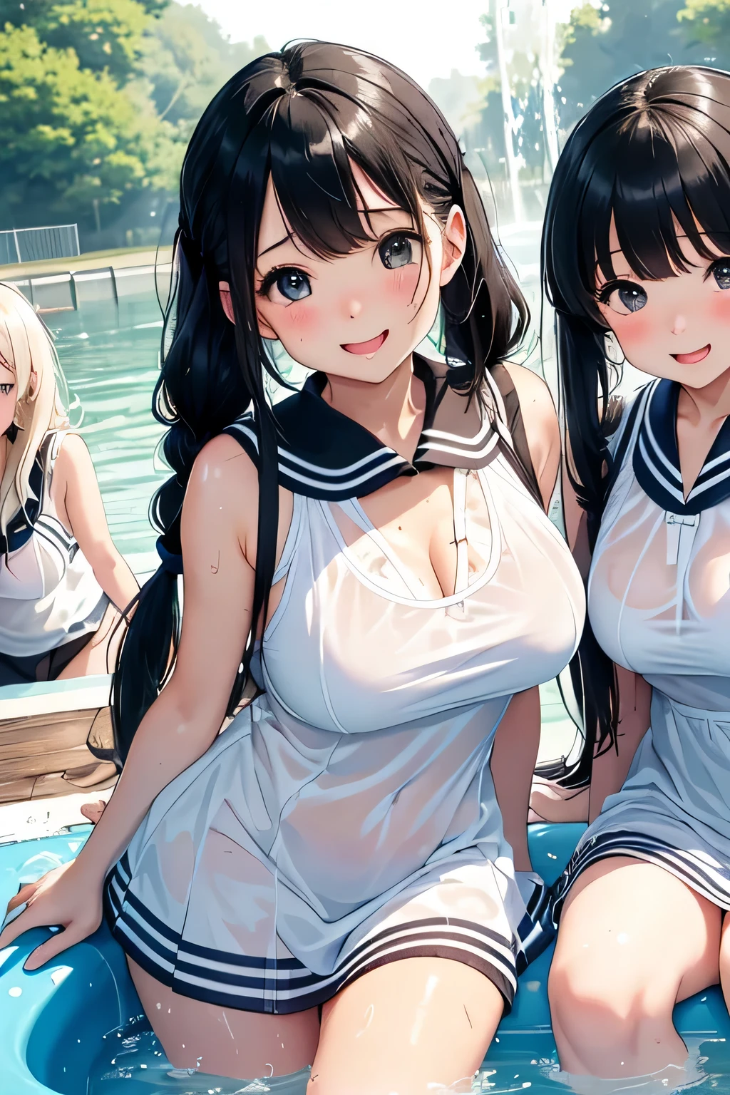 highest quality、High resolution、detailed background、Beautiful and dense face、beautiful and smooth skin、skin texture、black hair braid twintails、(huge breasts:1.3)、(realistic:1.2)、perfect body line、(3人のcute女の子:1.5)、
((Sheer white sleeveless sailor dress with see-through material:1.1))、white sailor collar、(No panties、No bra:1.2)、(My clothes are wet and transparent:1.2)、the whole body is wet、water dripping、hair is wet、(Three people having fun at a water play spot:1.2)、Laugh playfully、smile、sexual expression、emphasize the chest、emphasize cleavage、emphasize the underboob、
Puff out your cheeks to express shyness or cuteness、cute、panty shot、camel toe