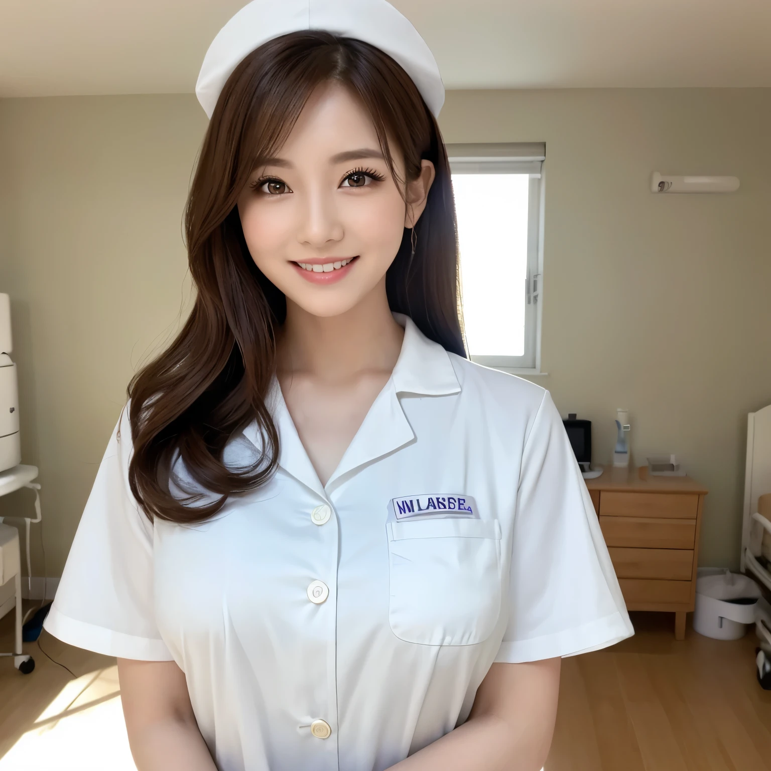 (highest quality、table top、8K、best image quality、Award-winning work)、1 nurse、(solo:1.2)、(The perfect and most natural nurse&#39;s pure white lab coat:1.1)、(Perfect and most natural white plain nurse cap:1.1)、The most natural and perfectly organized hospital room、A perfectly organized hospital room、The most natural and practical hospital room、blurred background、big breasts、emphasize body line、(standing elegantly:1.1)、(beautiful nurse advertising image:1.1)、(Photo above the chest:1.3)、the biggest smile looking at me、accurate anatomy、(Beautiful skin that shines very brightly:1.3)、(very bright:1.3)、Super high-definition glossy skin、Super high-definition sparkling eyes、Super high definition beautiful hair、Super high definition beautiful teeth