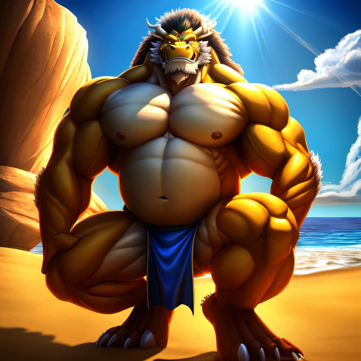 kaido, eastern dragon king, male dragon, eastern dragon, very big muscles, hulking, extremely strong, big abdominal muscles, hefty musclegut, pecs, muscular dad body, Strong and robust musclegut , strong abs, sharp claws, dragon feet claw, full body, loincloth, one piece, HDR, nipples, sunlight, daylight, outdoor, bright , sunshine, at noon, fighting pose, good weather, on sea beach, 8k, best quality .