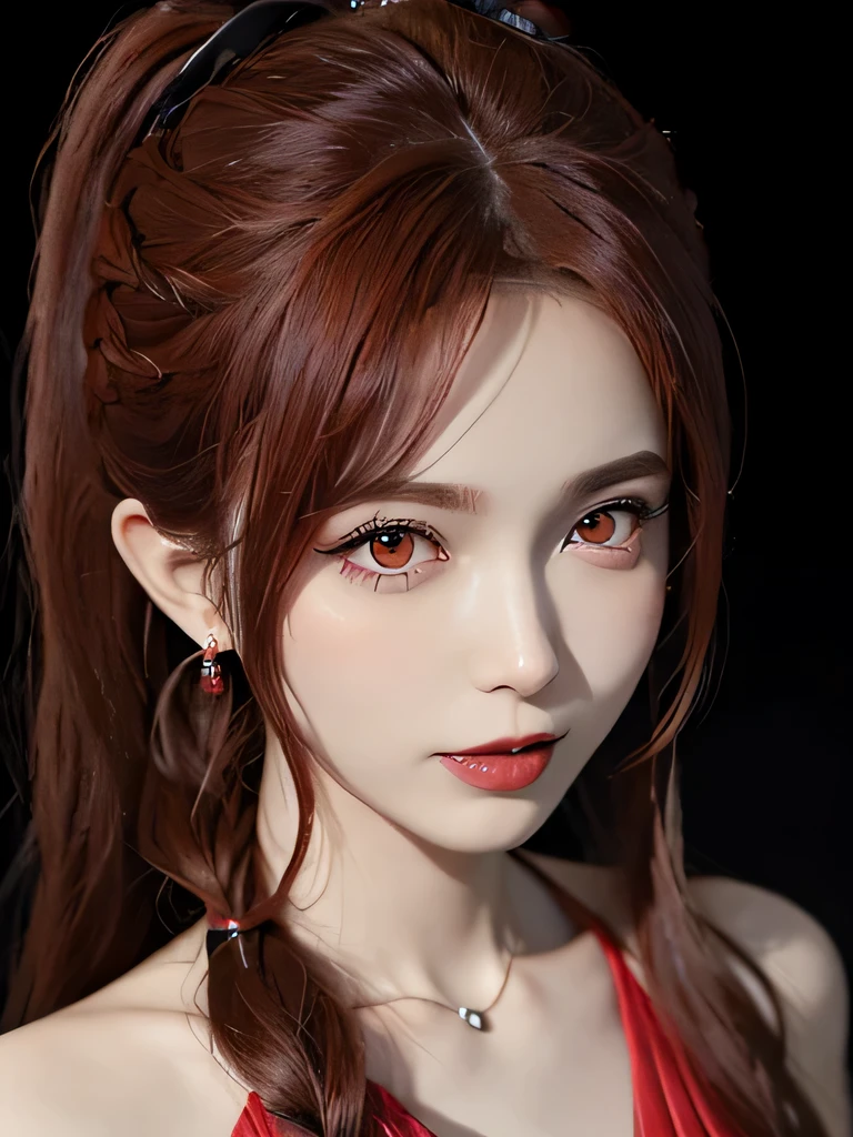 (in the dark:1.6), 1 girl, in the dark, deep shadow, secret key,cowboy shot,(formal wear:1.4) ,long wavy hair,redhead,clavicle、flame background、redhead、red background、red spirit clothes、earrings、necklace、red tattoo、red eyes、she is a spirit、close up of face、red eyes、close up of face、red eyes、look up、red fairy costume、red headband、red eyes、Braid、bright red lipstick、Fire Devil、red eyes、redhead、red eyes、赤いflame background、bright red eyes、twin tails、smile、小さなteethが見える、teeth、red eyes、clavicle、red bandana、