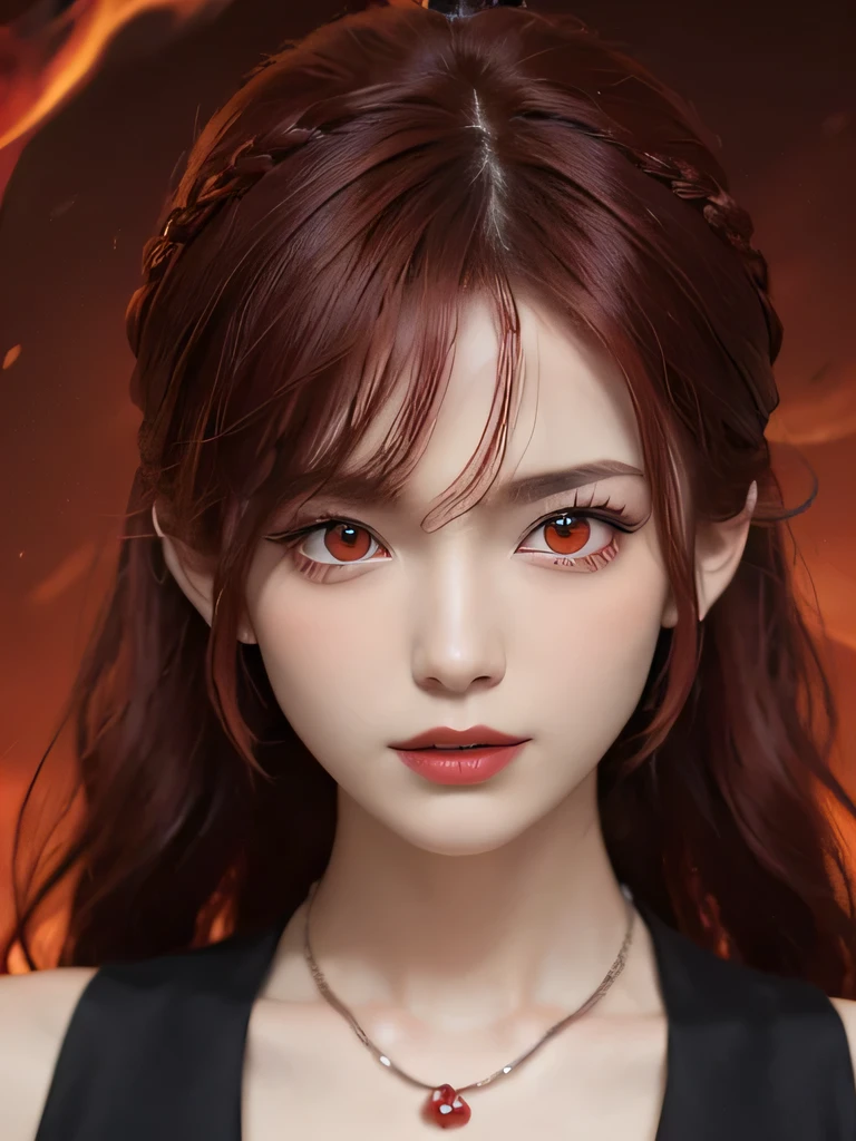 (in the dark:1.6), 1 girl, in the dark, deep shadow, secret key,cowboy shot,(formal wear:1.4) ,long wavy hair,redhead,clavicle、flame background、redhead、red background、red spirit clothes、earrings、necklace、red tattoo、red eyes、she is a spirit、close up of face、red eyes、close up of face、red eyes、look up、red fairy costume、red headband、red eyes、Braid、bright red lipstick、Fire Devil、red eyes、redhead、red eyes、赤いflame background、bright red eyes、twin tails、smile、小さなteethが見える、teeth、red eyes、clavicle、red bandana、