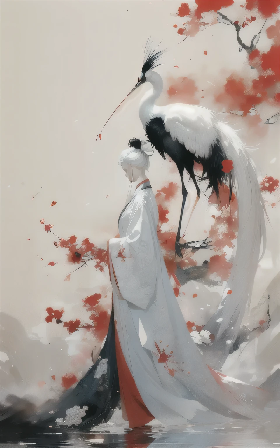 ink painting, ink painting, Splash ink, ink splatter, calligraphy, Chinese characters, Chinese characters background red-crowned crane 1girl white hair, hanfu,
 