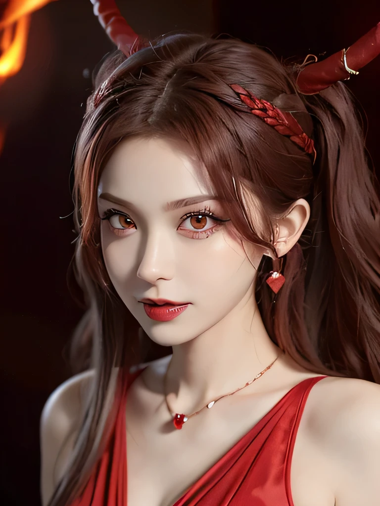(in the dark:1.6), 1 girl, in the dark, deep shadow, secret key,cowboy shot,(formal wear:1.4) ,long wavy hair,redhead,clavicle、flame background、redhead、red background、red spirit clothes、earrings、necklace、red tattoo、red eyes、she is a spirit、close up of face、red eyes、close up of face、red eyes、look up、red fairy costume、red headband、red eyes、Braid、bright red lipstick、Fire Devil、red eyes、redhead、red eyes、赤いflame background、bright red eyes、twin tails、smile、小さなteethが見える、teeth、red eyes、clavicle、red bandana、