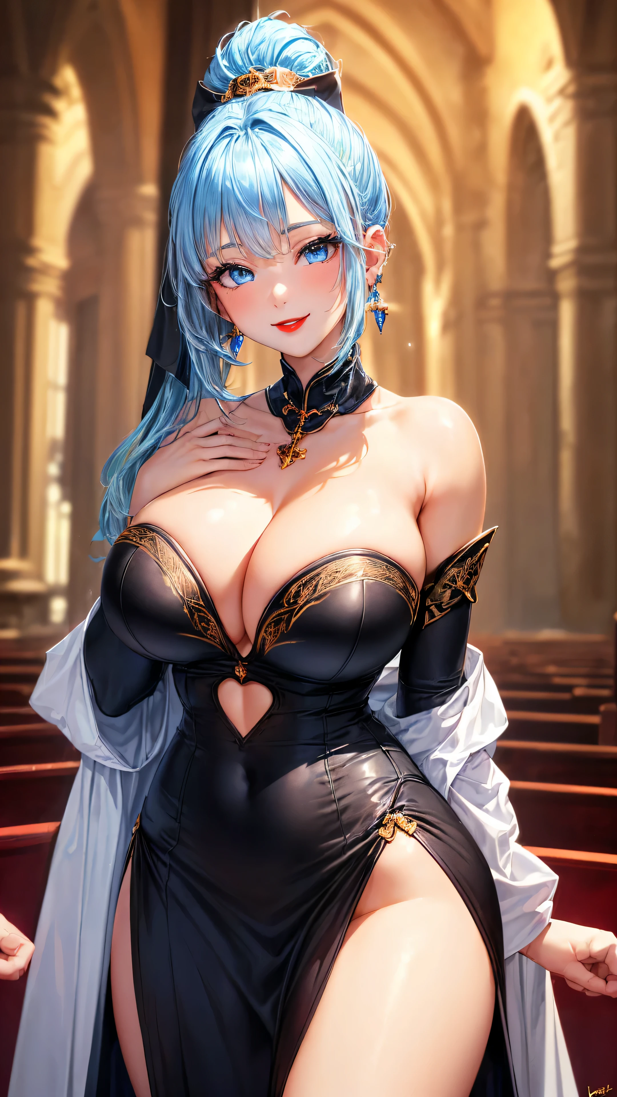 ((best quality)), ((Masterpiece)), (details), ((perfect face)),((my hair is very long.,light blue hair,ponytail)),beautiful,((blue eyes)),((perfect eyes,Red eyelids,lip makeup,red lips,charming,Fascinating,smile with love)),((very big breasts,Chest size 115,K cup breasts)),((black female priest costume,Strapless dress,open shoulder,rift,thighs open,big thighs,decorate,earring)),((high resolutionสุด,4k)),,collarbone, cute, Full HD, high resolution, High quality, High efficiency, PNG,((((perfect hand)))),((Look at the viewer.,looking with love)),((wallpapers)),fantasy world,((lady)),(sacred aura),((((beautiful,shy)))),a church,touhou