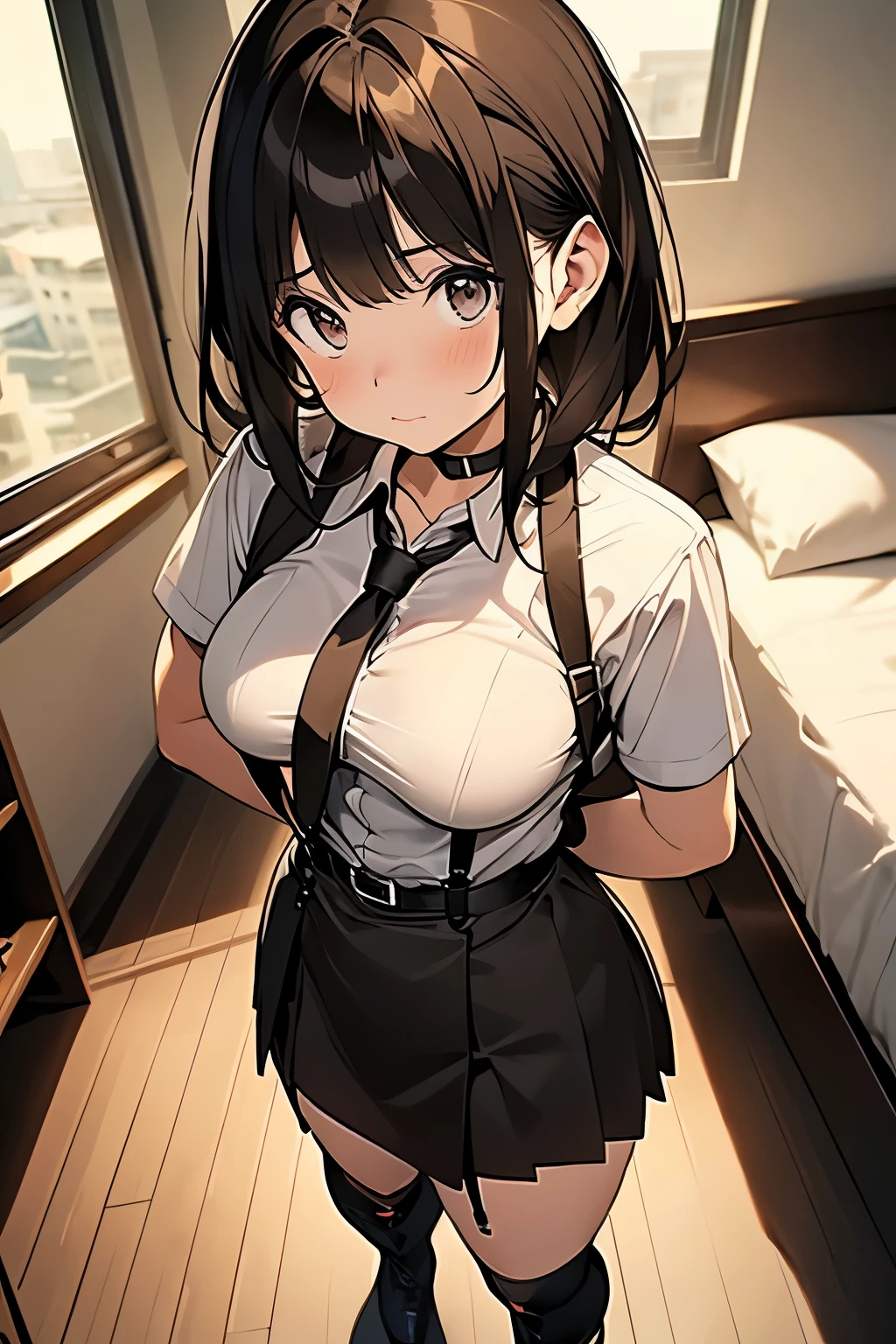 brown hair、looking at the viewer suspenders big swollen breasts black mini skirt garter belt knee high socks Aerial perspective small face bangs Beauty hands up sideways view black boots provocation one person hands behind put your hands behind your back Hands behind your back With your hands behind your back armed holster Belt Garter Bell Black Gloves with Holes A Hotel Room Bed wall side blonde