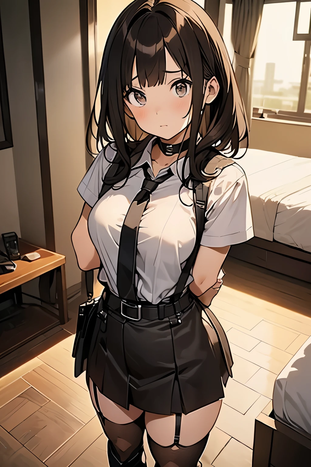 brown hair、looking at the viewer suspenders big swollen breasts black mini skirt garter belt knee high socks Aerial perspective small face bangs Beauty hands up sideways view black boots provocation one person hands behind put your hands behind your back Hands behind your back With your hands behind your back armed holster Belt Garter Bell Black Gloves with Holes A Hotel Room Bed wall side blonde