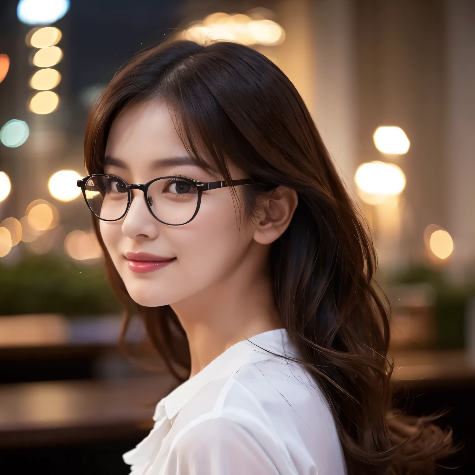 (highest quality、table top、8K、best image quality、Award-winning work)、one beautiful woman、25 years old、perfect beautiful composition、(Classy glasses:1.1)、Big breasts that are about to burst、elegant long wavy hair、white shirt、(Stand upright facing the front:1.1)、smile looking at me、perfect makeup、Bewitching、Overflowing sex appeal、glossy and bright lips、accurate anatomy、(close up of face:1.5)、(The most moody and romantic atmosphere:1.1)、(The most romantic blurred night scene background:1.1)、(Night view of the 40th floor seen from the roof of a skyscraper:1.2)、Beautiful face with exquisite balance、perfect makeup、Ultra high definition beauty face、ultra high definition hair、Moist eyes in super high resolution、(completely closed lips:1.2)、(Super high resolution glossy skin:1.1)、Super high resolution glossy lips