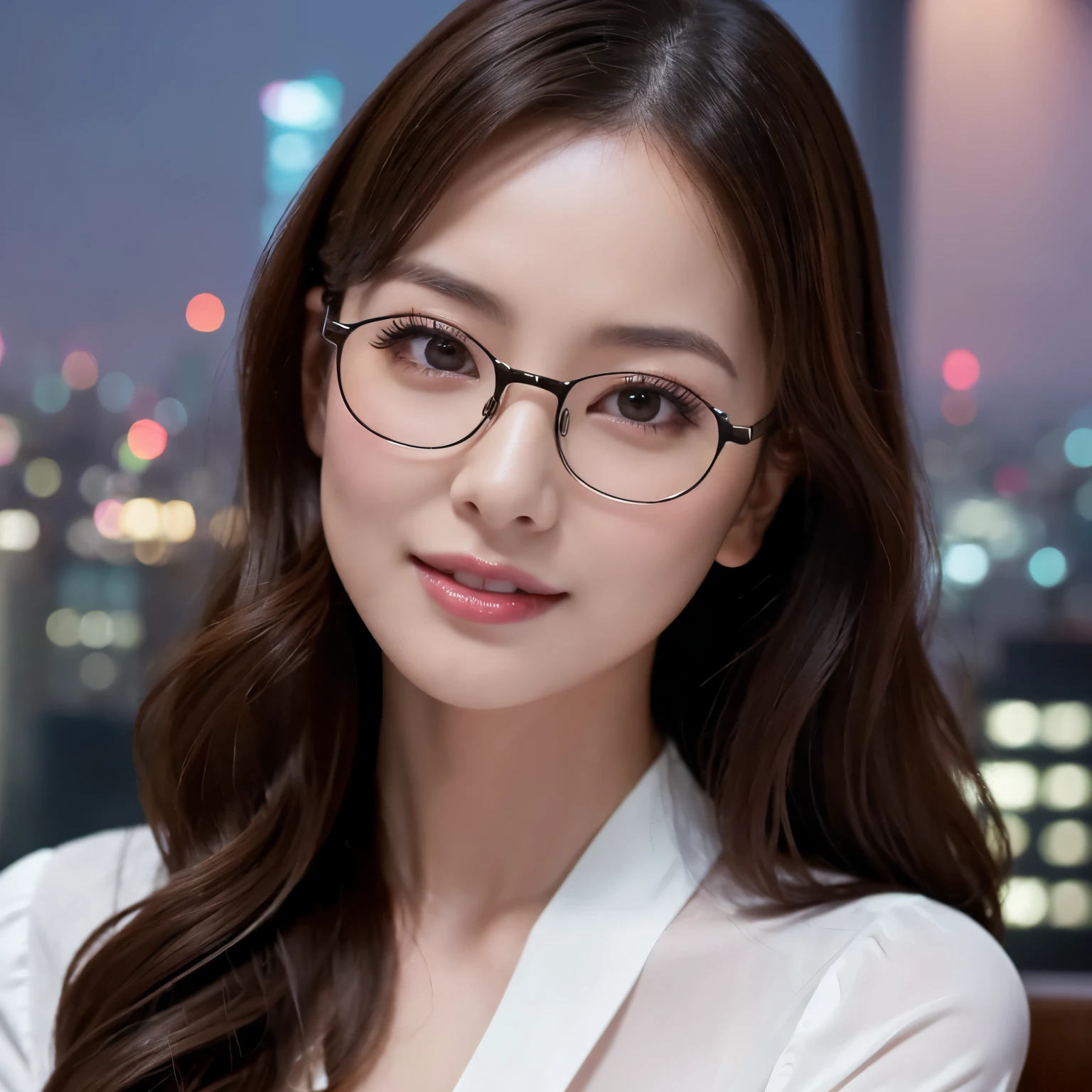 (highest quality、table top、8K、best image quality、Award-winning work)、one beautiful woman、25 years old、perfect beautiful composition、(Classy glasses:1.1)、Big breasts that are about to burst、elegant long wavy hair、white shirt、(Stand upright facing the front:1.1)、smile looking at me、perfect makeup、Bewitching、Overflowing sex appeal、glossy and bright lips、accurate anatomy、(close up of face:1.5)、(The most moody and romantic atmosphere:1.1)、(The most romantic blurred night scene background:1.1)、(Night view of the 40th floor seen from the roof of a skyscraper:1.2)、Beautiful face with exquisite balance、perfect makeup、Ultra high definition beauty face、ultra high definition hair、Moist eyes in super high resolution、(completely closed lips:1.2)、(Super high resolution glossy skin:1.1)、Super high resolution glossy lips