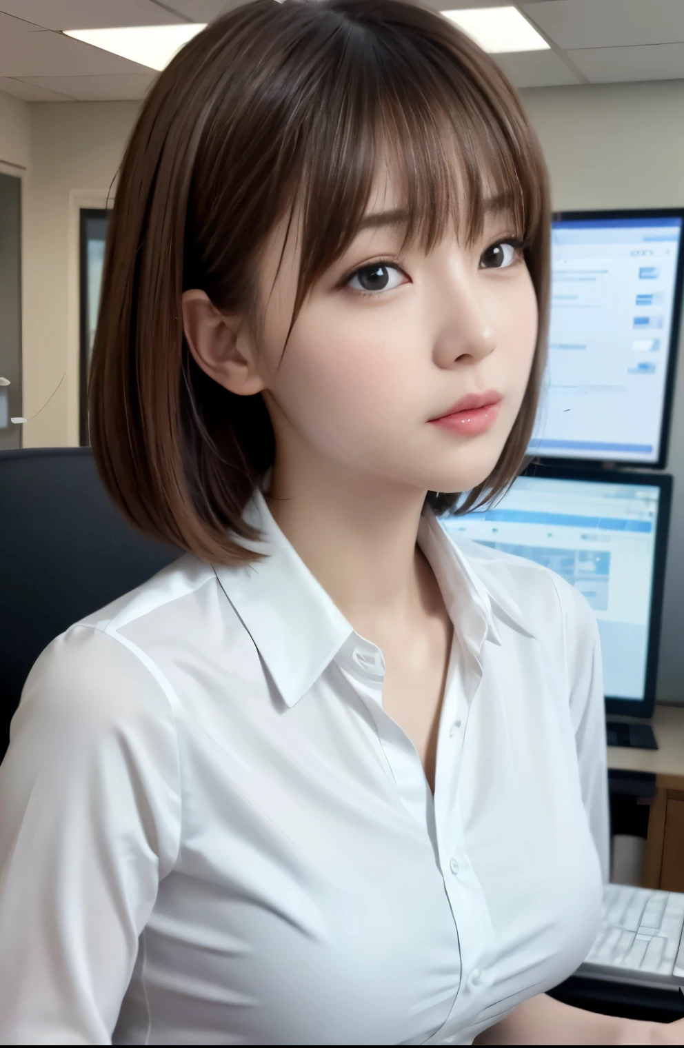 table top, highest quality, super detailed, finely, High resolution, 8k wallpaper, perfect dynamic composition, Beauty、、pat shoulders、beautiful and fine eyes,small face、neat girl、Slender、thin body、slender、white business shirt、natural color lip,office, get to the desk、a lot of documents on the desk,、hit the keyboard、My eyes are on the desktop screen、 brown hair、short bob、bangs bangs、beautiful breasts,slender体型、 in trouble、grim expression、I am going to cry